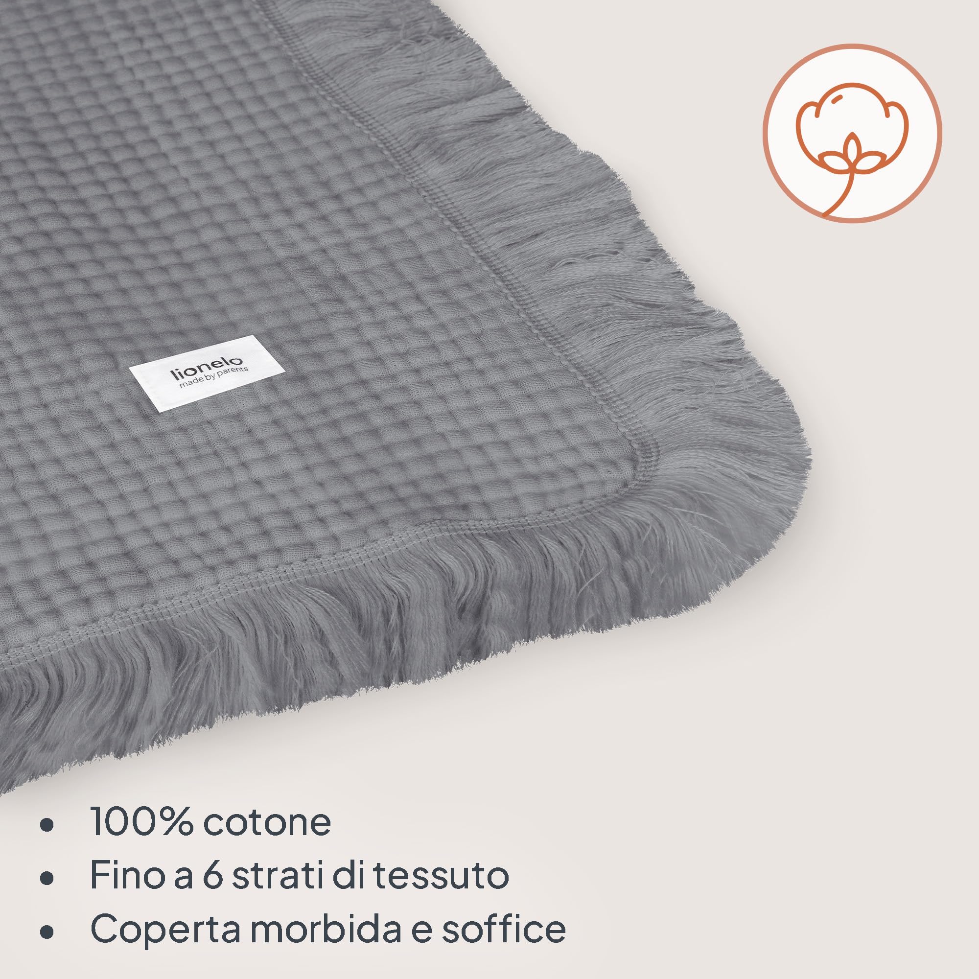 lionelo MUSLIN BLANKET Copertina Neonato in Cotone 100% Mussola, 70 x 100 cm, 6 Strati Morbida e Traspirante 4 Stagioni, Coperta Neonato per Carrozzina e Culla, Frange Rinforzate, Idea Regalo