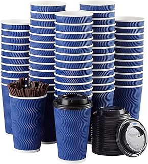 Disposable Coffee Cups with Lids and Straws - 16 oz (90 Set) Togo Hot Paper Coffee Cup with Lid To Go for Beverages Espresso Tea Insulated Reusable Cold Drinks Ripple Cups Protect Fingers From Heating