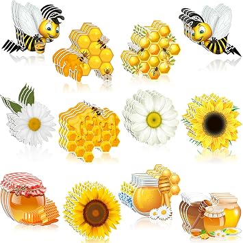 Hotop 48 Pcs Bee Cutouts, Honeycomb Sunflower Daisy Classroom Decoration