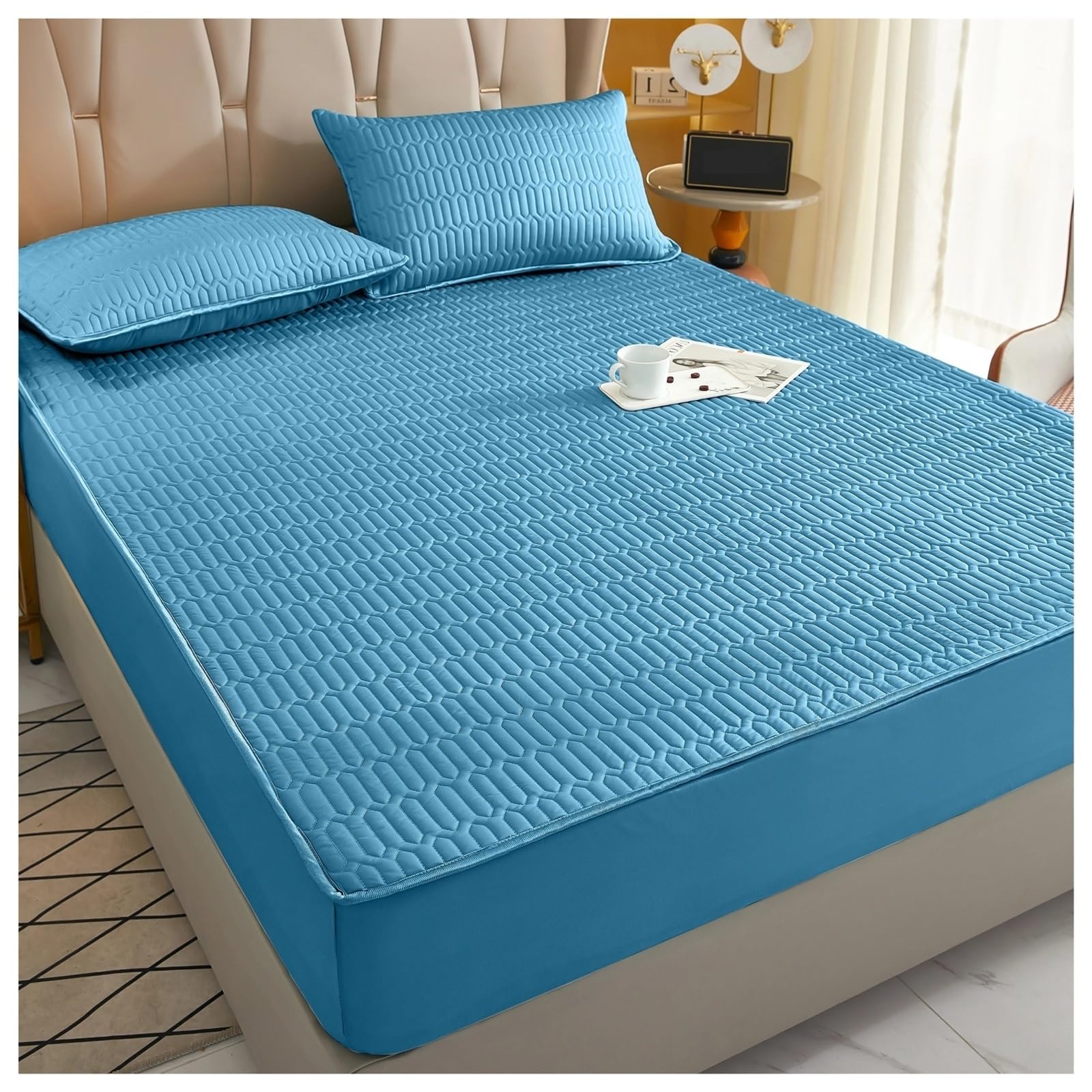 Drap-housse imperméable bleu pour matelas épais 180x200, confort des matins au lit