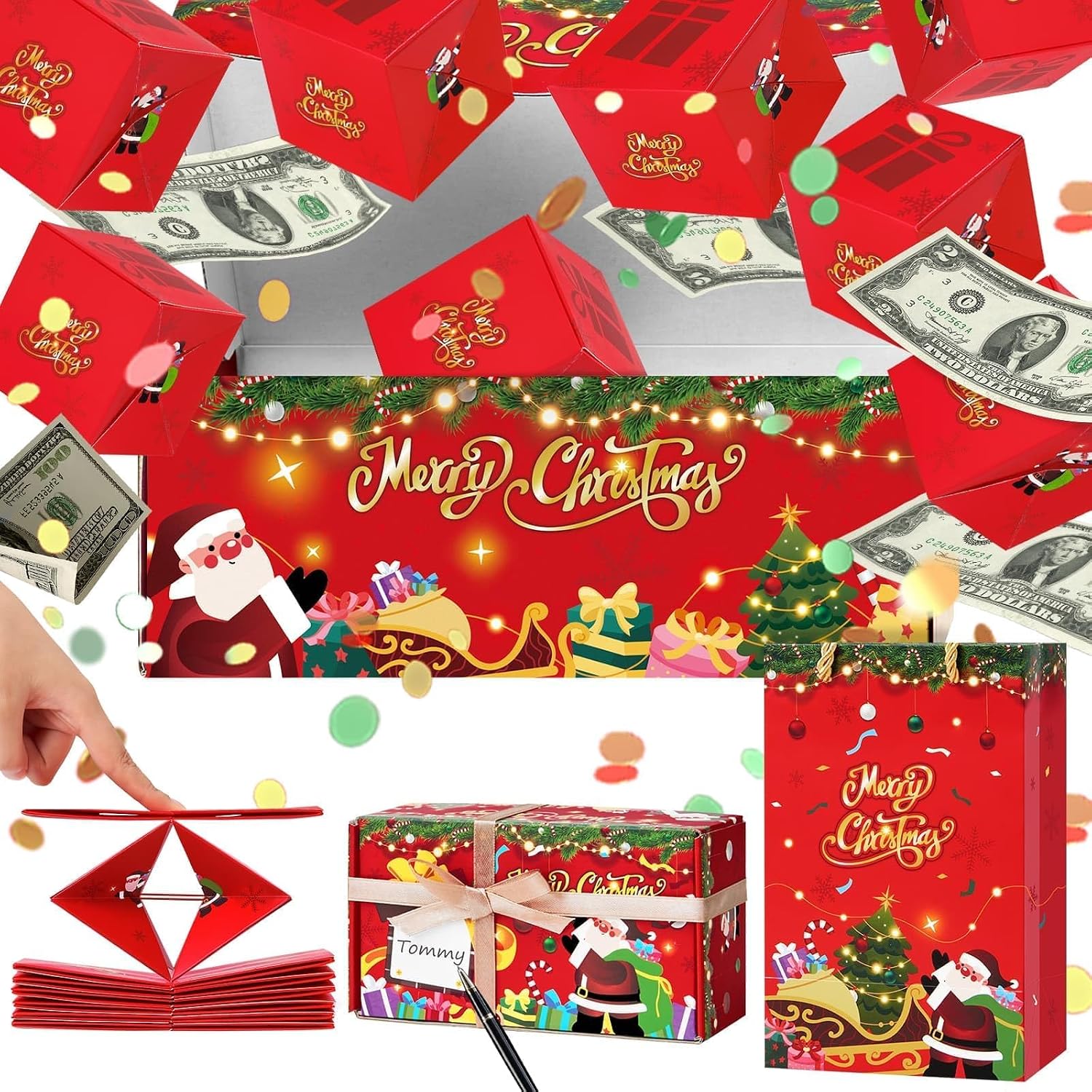 WERNNSAI Surprise Gift Box Explosion - Christmas Explosion Gift Boxes with Confetti Money Folding Red Santa Pop-Up Exploding Gift Boxes for Women Men Kids Holiday Christmas Party Supplies 8 Bounces