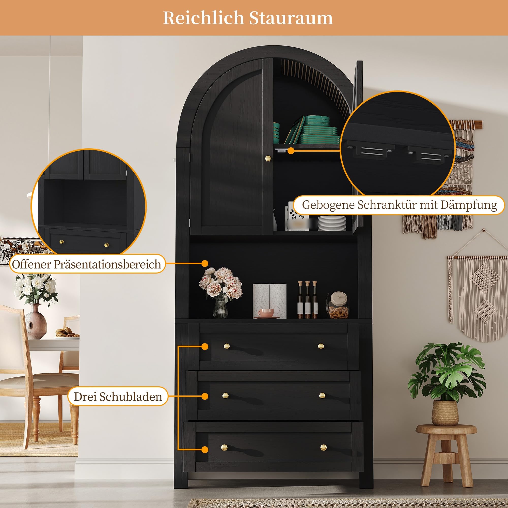 Armoire de rangement à 3 tiroirs, armoire multifonction haute | Zone d'exposition ouverte, armoire de cuisine avec portes arquées, pour cuisine, salon, couloir, 70 x 35 x 180 cm, noir
