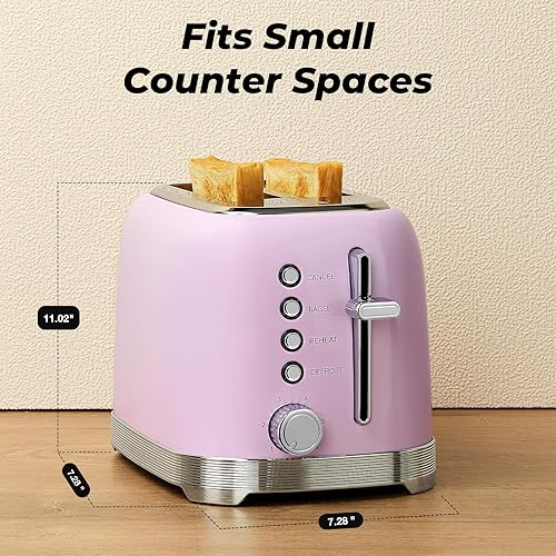 Miniatura 8 de Tostadora de 2 rebanadas de acero inoxidable retro con ranuras extra anchas de 1.5 pulgadas, descongelar, recalentar, cancelar, 6 ajustes de sombra