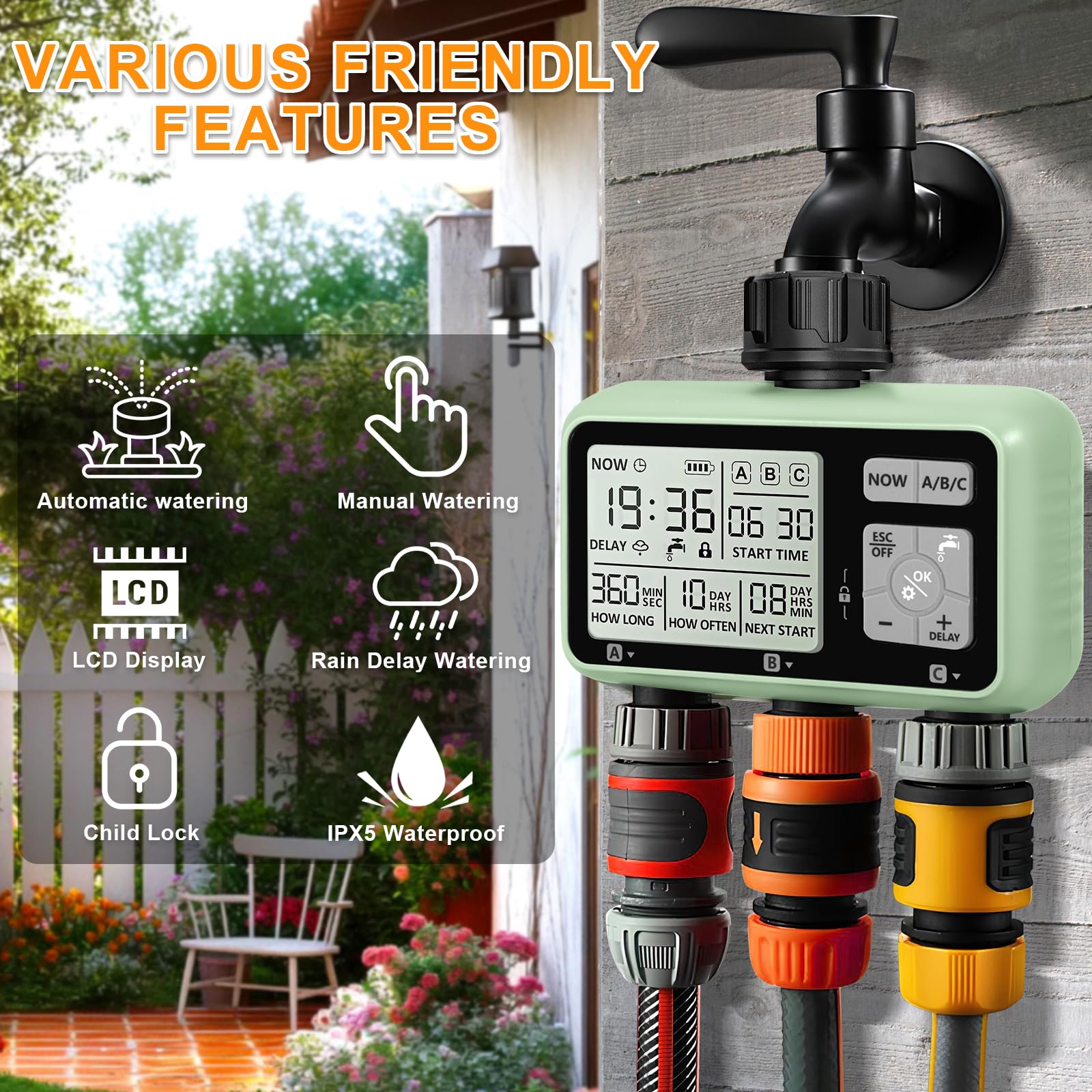 Automatischer Bewässerungstimer, Gartenbewässerungstimer mit LCD Display, 3 Strecken Wasserhahn Timer anschließen, Kindersicherungsmodus, Verzögerte Bewässerung Nach Regen, IPX5 Wasserdicht