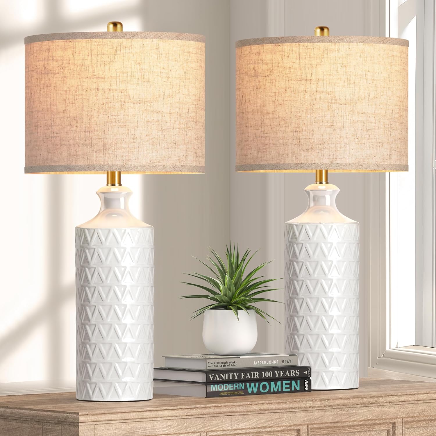 PARTPHONER Farmhouse Ceramic Table Lamp Set of 2, 25" Modern Accent White Bedside Lamp for Bedroom with 3-Color Temperature LED Bulbs, Classic Nightstand Lamps for Living Room Study Room Office Large