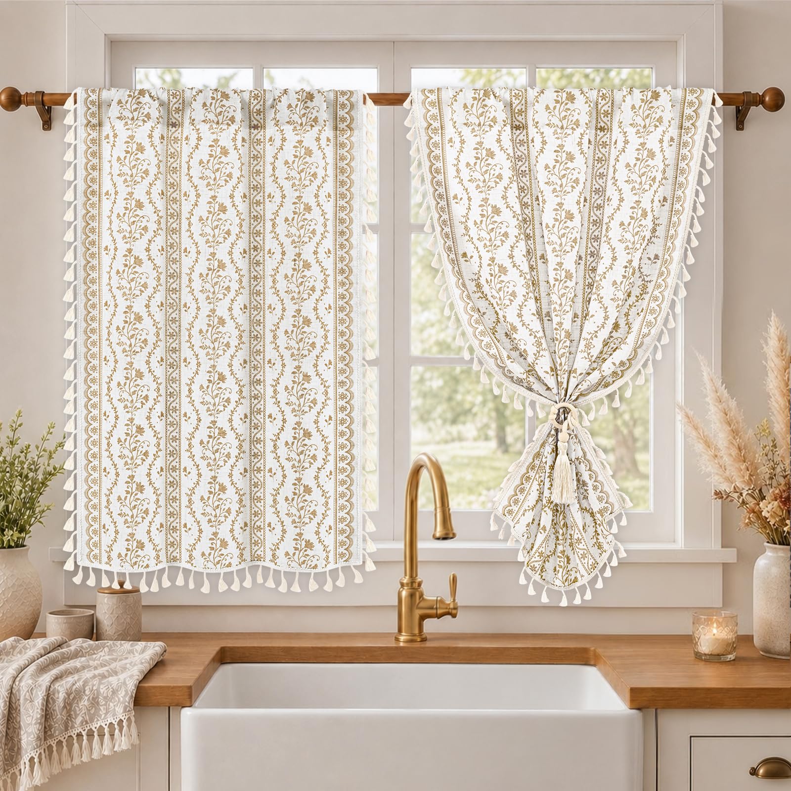 Yinhua Boho Kitchen Curtains 36 Inch Length Vintage Linen Cafe Curtains Light Filtering Bohemian Floral Tier Rod Pocket Farmhouse Rustic Tassel Small Drapes with Tiebacks, 2 Panels, White Beige