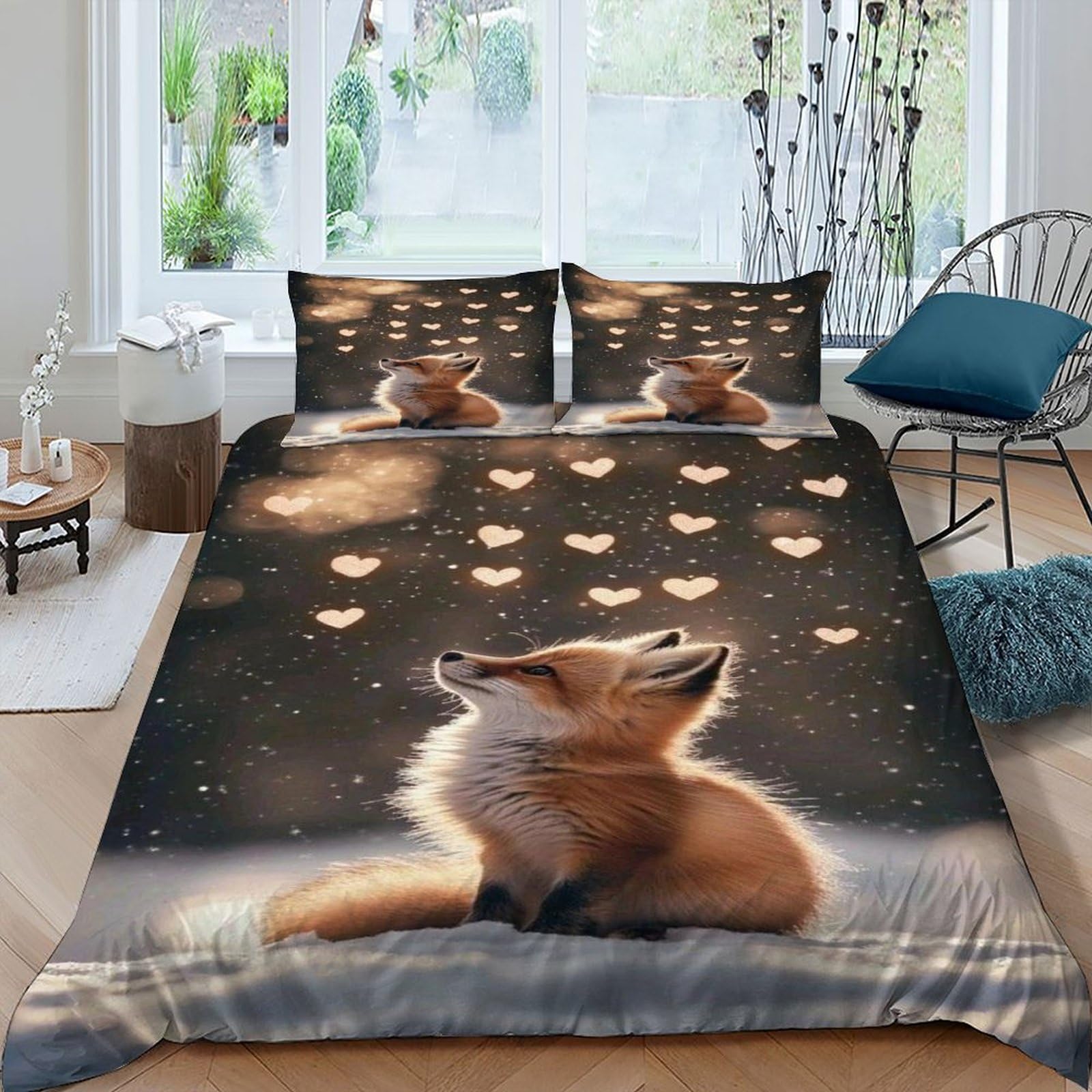 Housse de couette renard 220x240cm anti-froissement parure de lit microfibre sans repassage