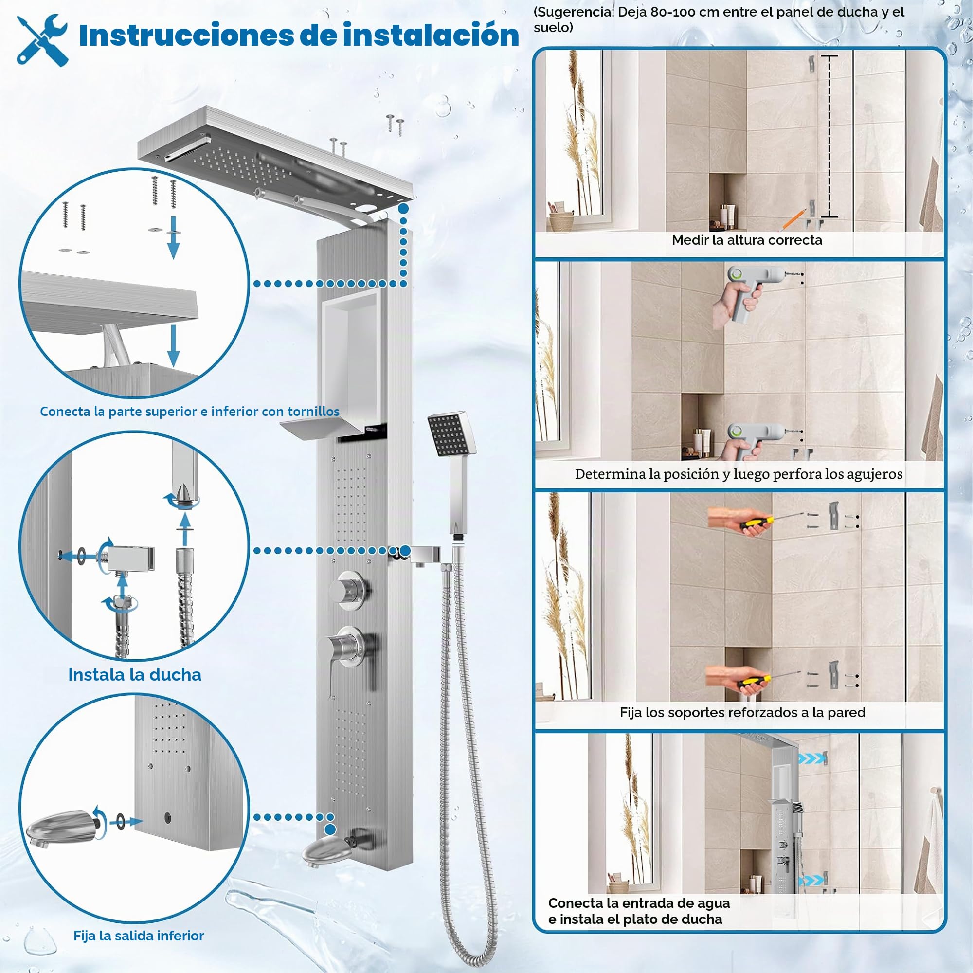 Froadp Panel de lluvia, sistema de 5 funciones, montaje en pared, juego de ducha con ducha de mano y masaje