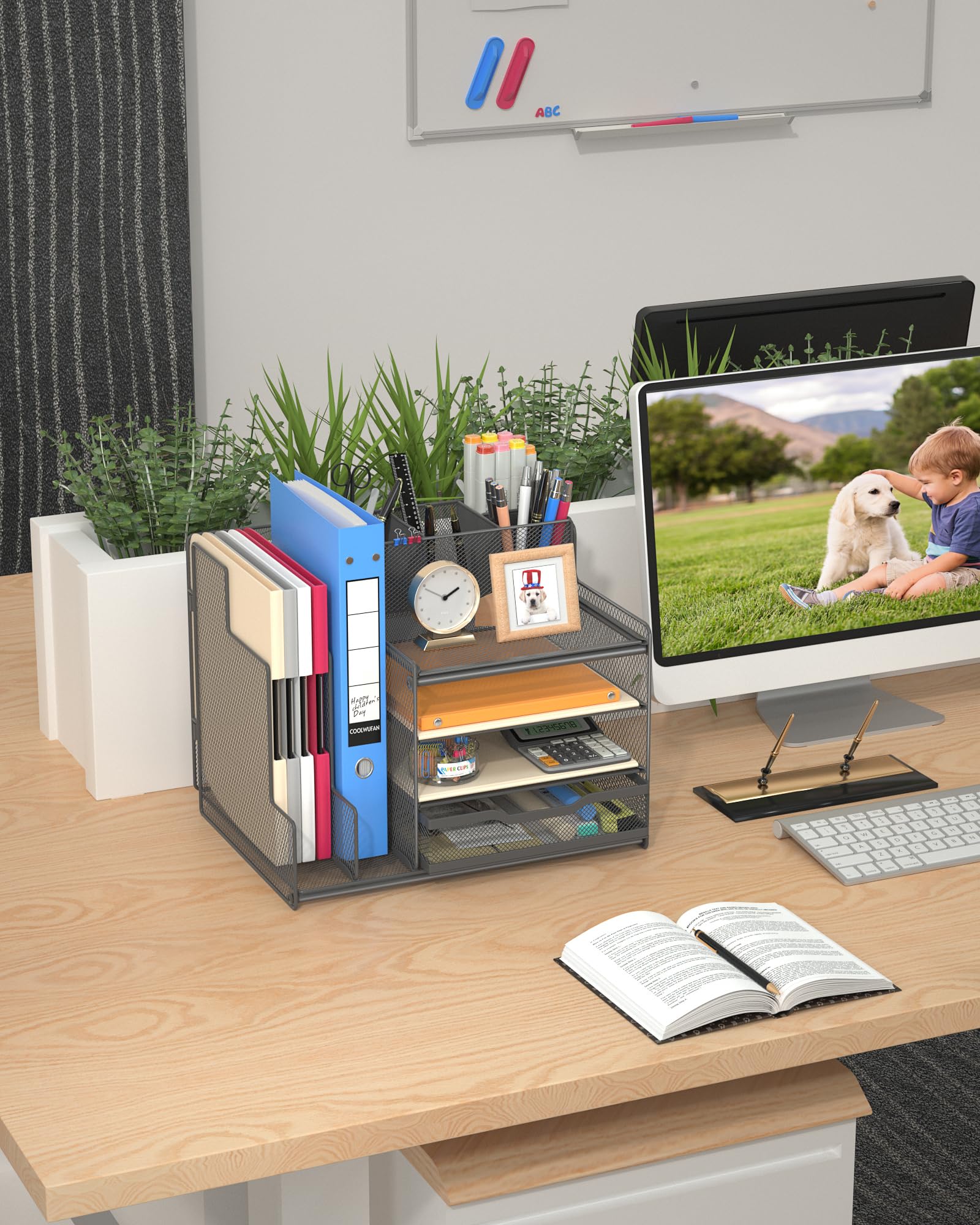 VIVSOL Grey Desk Organizer with Mesh File Holder, 4-Tier Office Supplies Desk Organizers and Accessories with Sliding Drawers & Pen Holder, Desk File Organizer and Storage for Office, School, Home