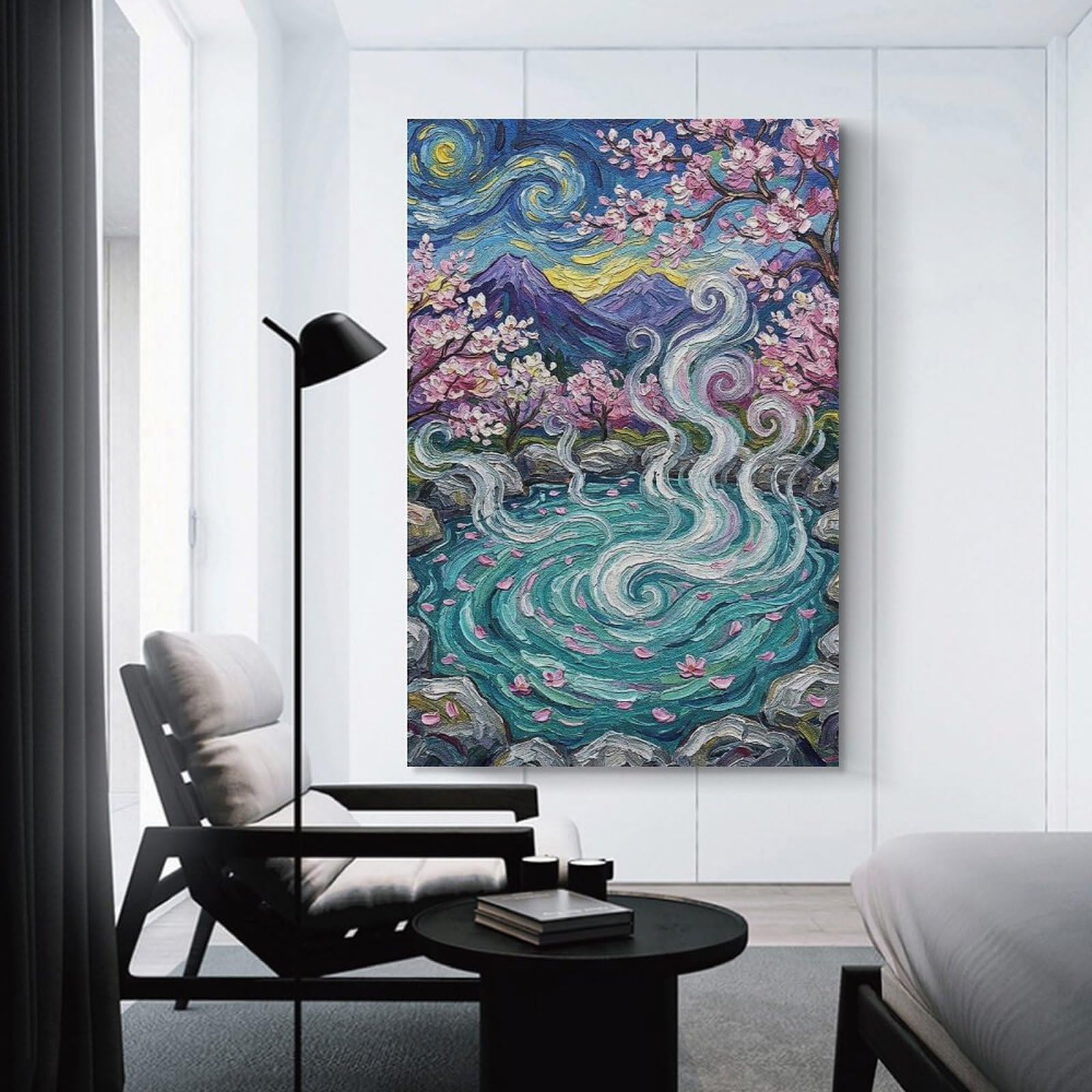 Junmoney Unframe-Style-15 Cherry Blossom Hot Spring Painting Decorative Canvas Print, 24X36inch(60X90cm), For Home, Office, Studio Or Guest Room, Canvas Wall Art That Fits Changing Layouts