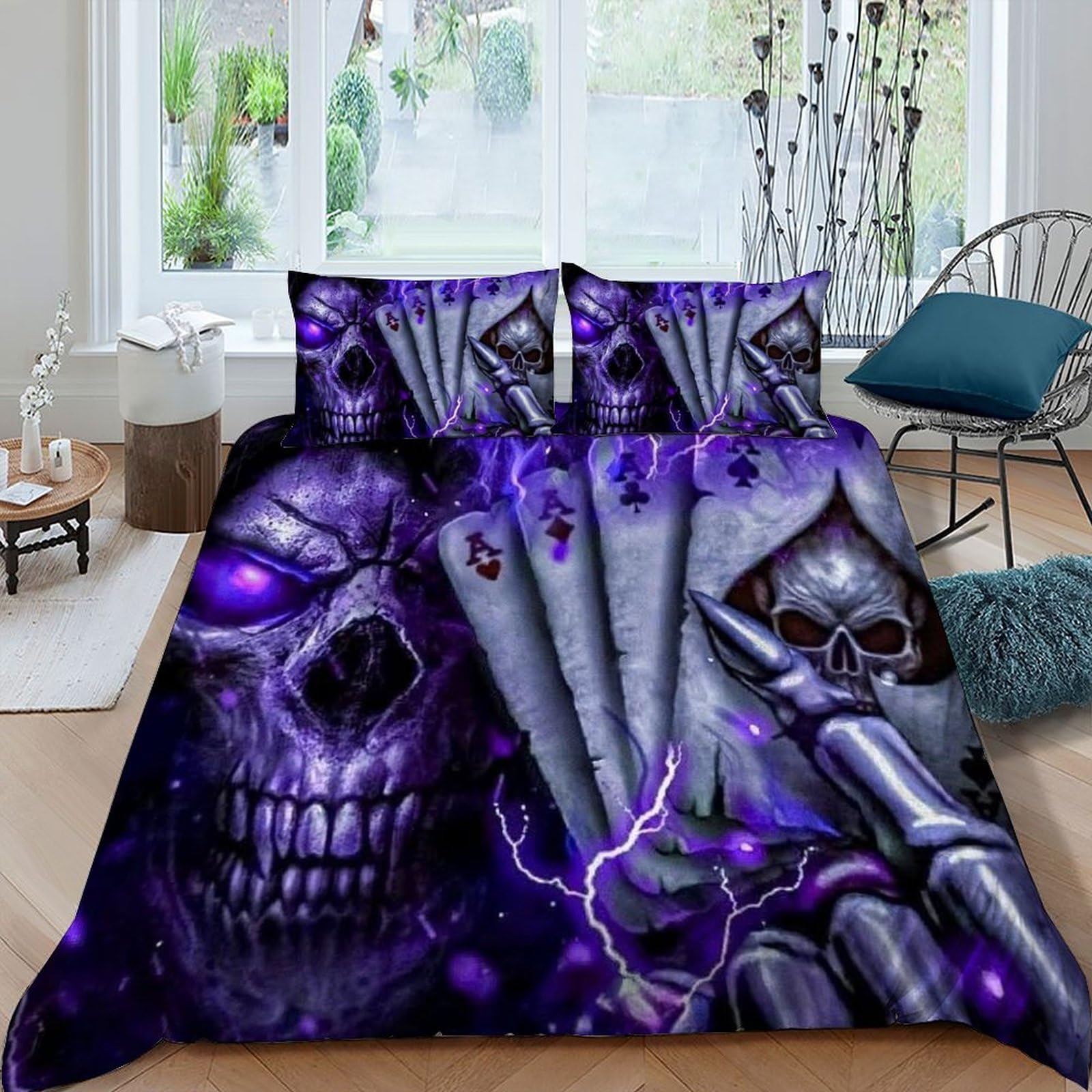 Parure de lit 3 pièces gothique King avec housse de couette crâne violet et taies d'oreiller