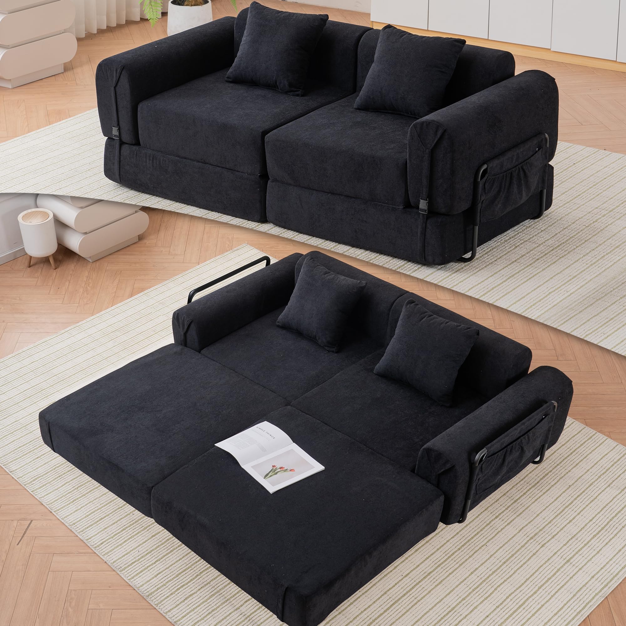 71.25" W Convertible Boneless Sectional Sleeper Sofa Bed, Comfy Fleece Foldable Loveseat Floor Lounge Couch Modular Set for Living Room Apartment Office Bedroom Small Spaces