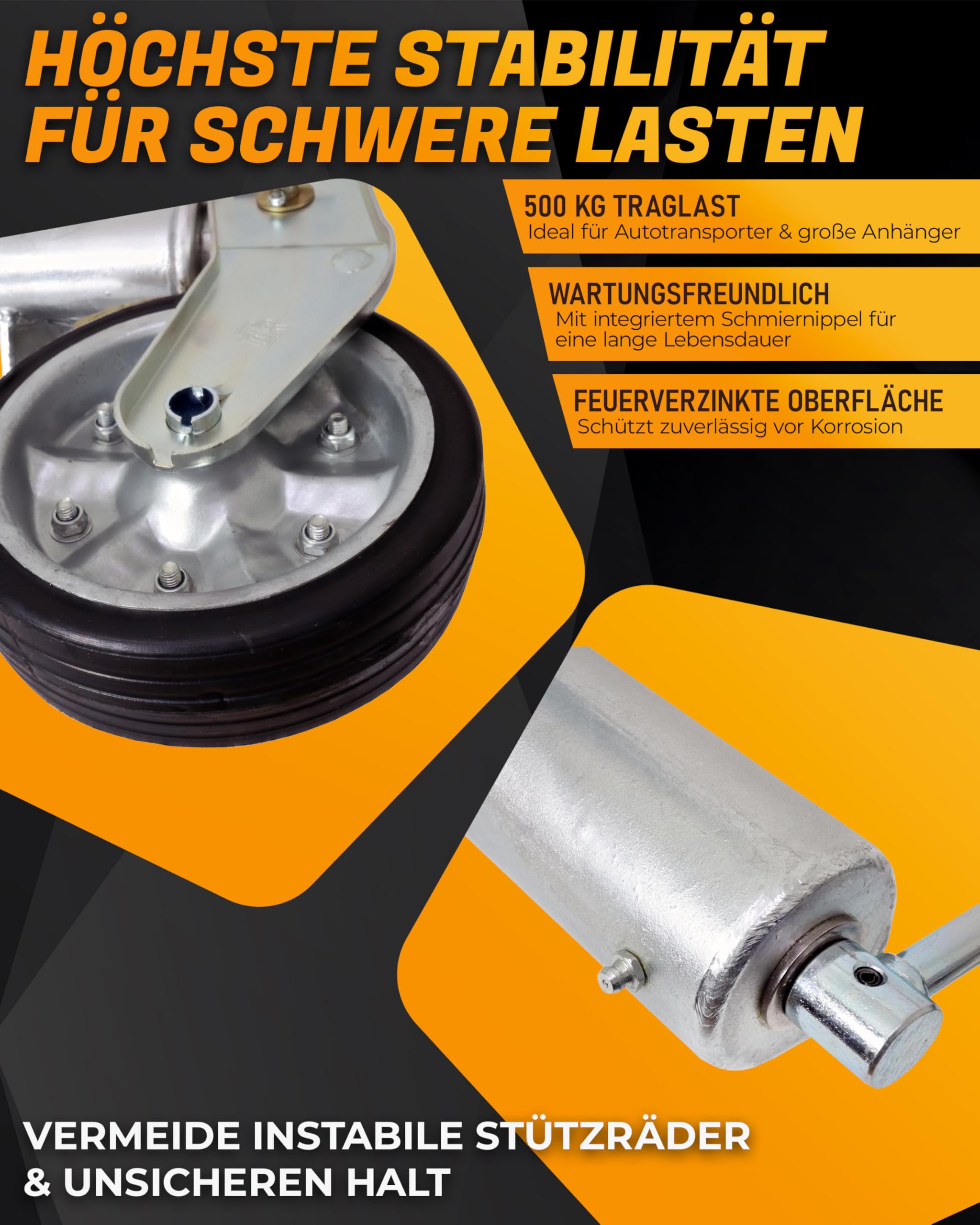 The Drive | Anhänger Stützrad 500KG | vollautomatik | Ø 60mm Rohr mit Anbauflansch | Schwerlast mit erhöhter Tragfähigkeit | perfekt für Anhänger, Wohnwagen, Trailer