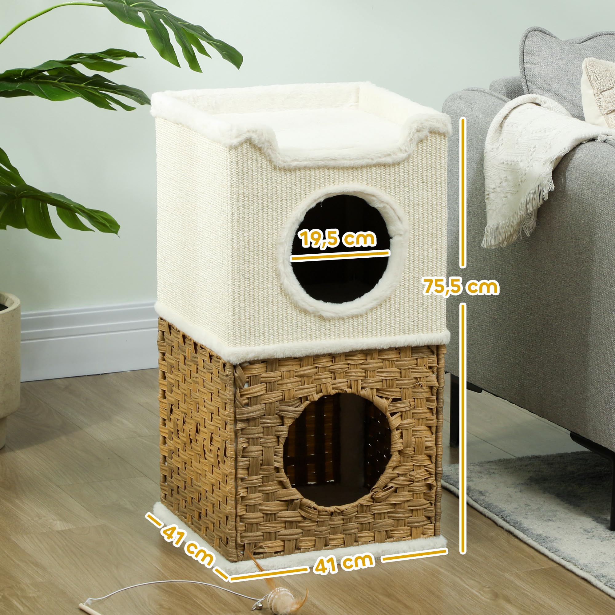PawHut Niche pour Chat d'intérieur à 3 Niveaux avec Plateau supérieur Ouvert, Tour pour Chat, tonneau à gratter en sisal pour Animaux jusqu'à 6 kg, 41 x 41 x 75,5 cm, crème