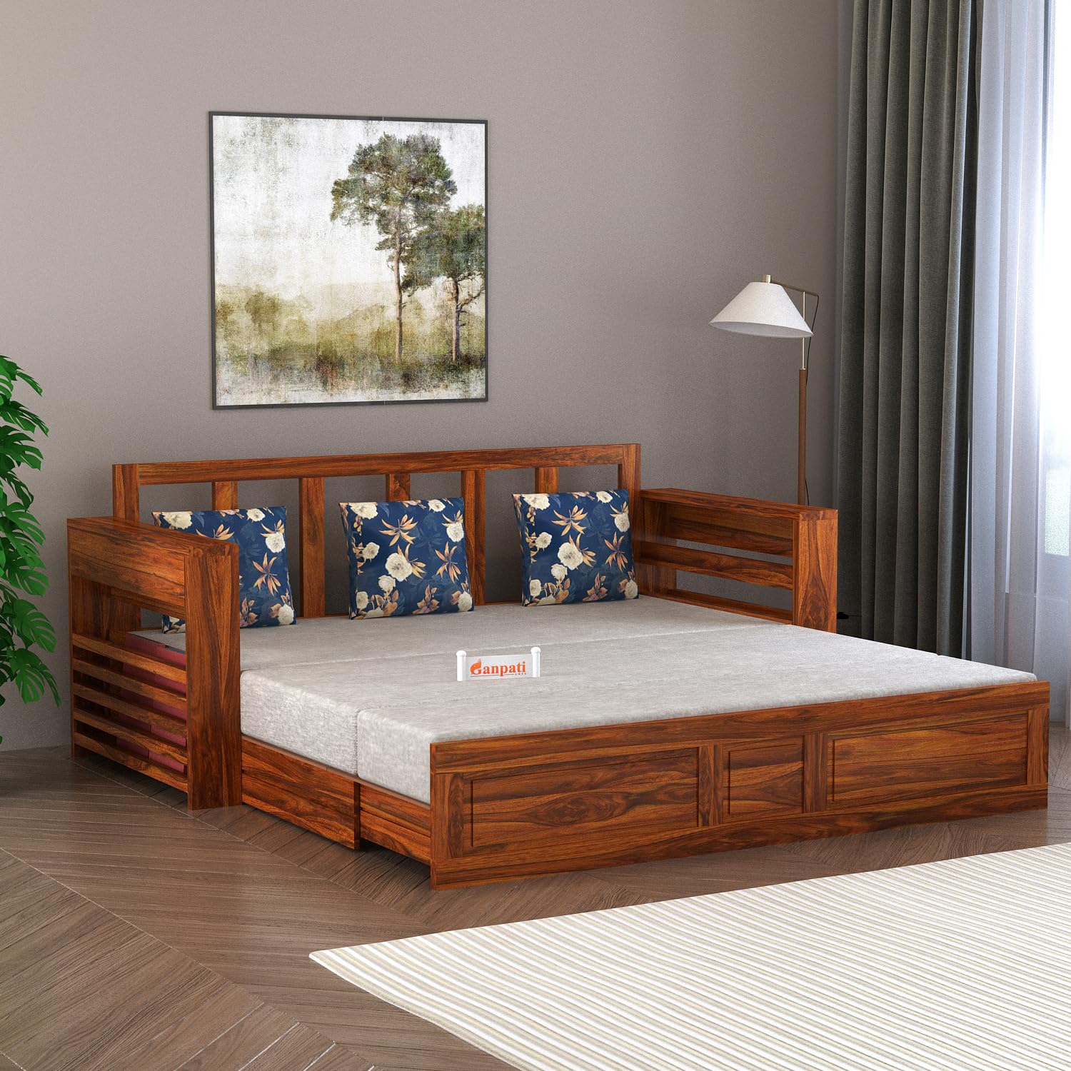 Ganpati Arts Solid Sheesham Wood 3 Seater Lurid Sofa Cum Bed With Side Pocket For Living Room Bed Room Wooden Bedroom Furniture For Home (Natural Finish) 1 Year Warranty,Natural ,Brown