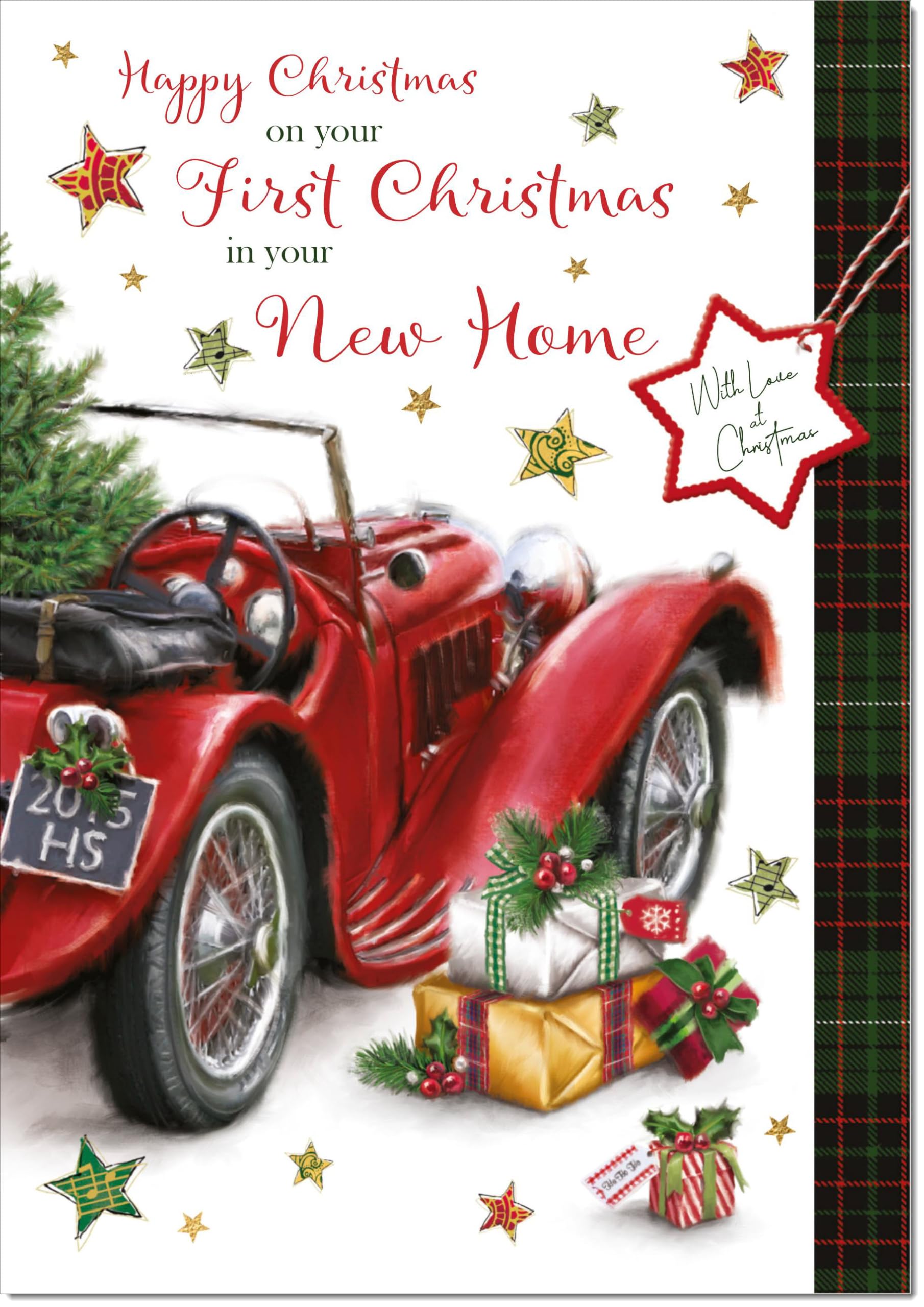 doodlecards 1st First Christmas in New Home Christmas Card Red Vintage Car Large A4 Size Christmas Card for 1st in New Home with Plain Envelope
