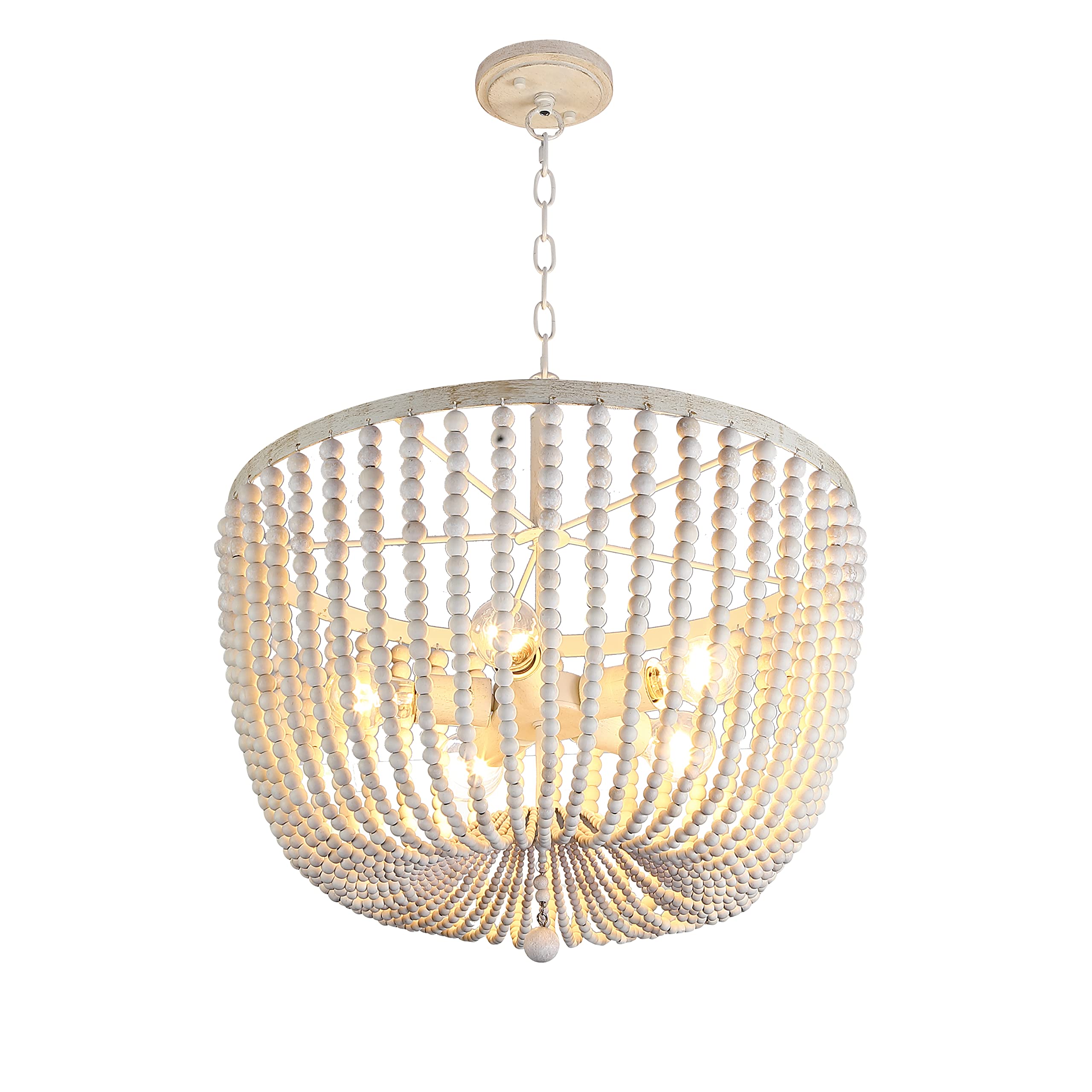 Doraimi Lighting 5 Light 21 Inch Pendant Light Nature Wood Beaded Chandelier White Finish,Boho Semi Flush Mount Ceiling Light Fixtures for Hallway Baby's Nursery Bedroom Kitchen Living Room