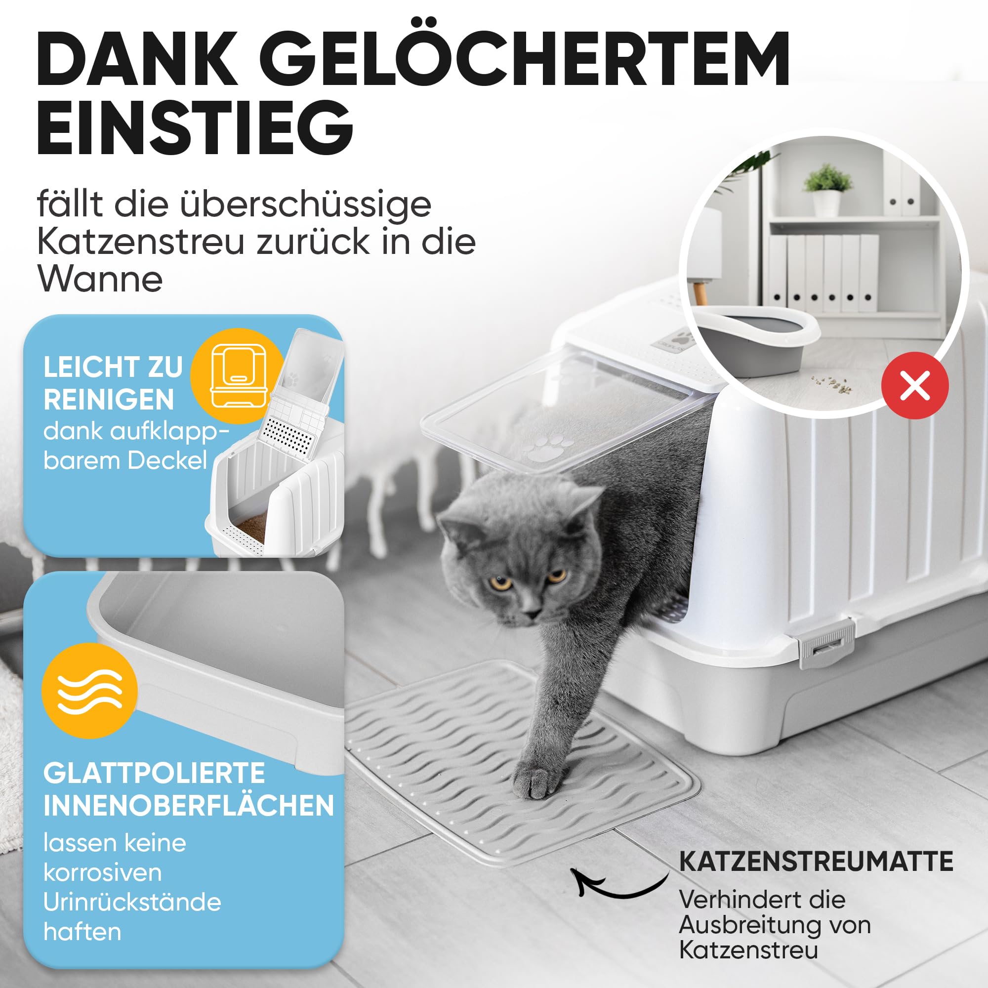 CROPLAS Katzenklo mit Deckel und Aktivkohlefilter, Katzenklo groß geschlossen, Katzentoilette geschlossen mit Klappe, geschlossene Katzentoilette mit Deckel groß, Katzen Klo XL große Katzen, weiß