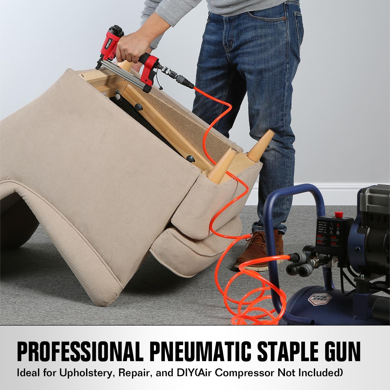 POPULO Pneumatic Staple Gun, Air Staple Gun with 3000 Staples and Safety Glasses, T50 Stapler for Upholstery, Woodworking, DIY, or Material Repair (Air Compressor Not Included)