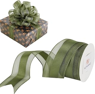 HUIHUANG Moss Green Wired Ribbon 1-1/2 inch Satin Stripe Sheer Wired Ribbon for Christmas Tree, Bows Making, Wreaths, Garland, Gift Wrapping, Wedding Bridal Shower Decorations-Continous 10 Yards