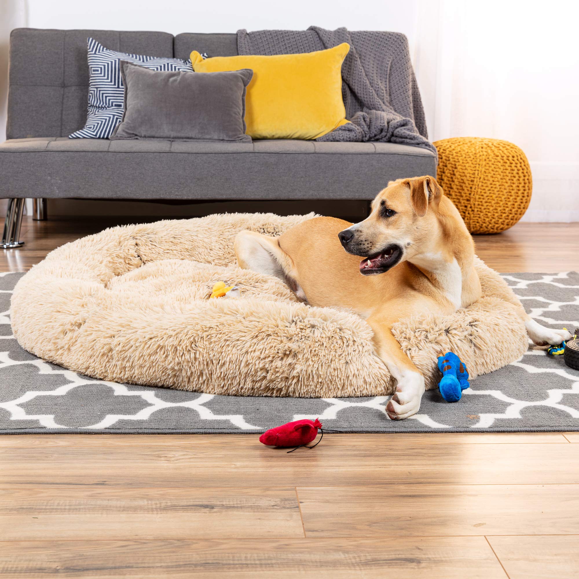 Best Choice Products 45in Dog Bed Self-Warming Plush Shag Fur Donut Calming Pet Bed Cuddler w/Water-Resistant Lining, Raised Rim - Brown