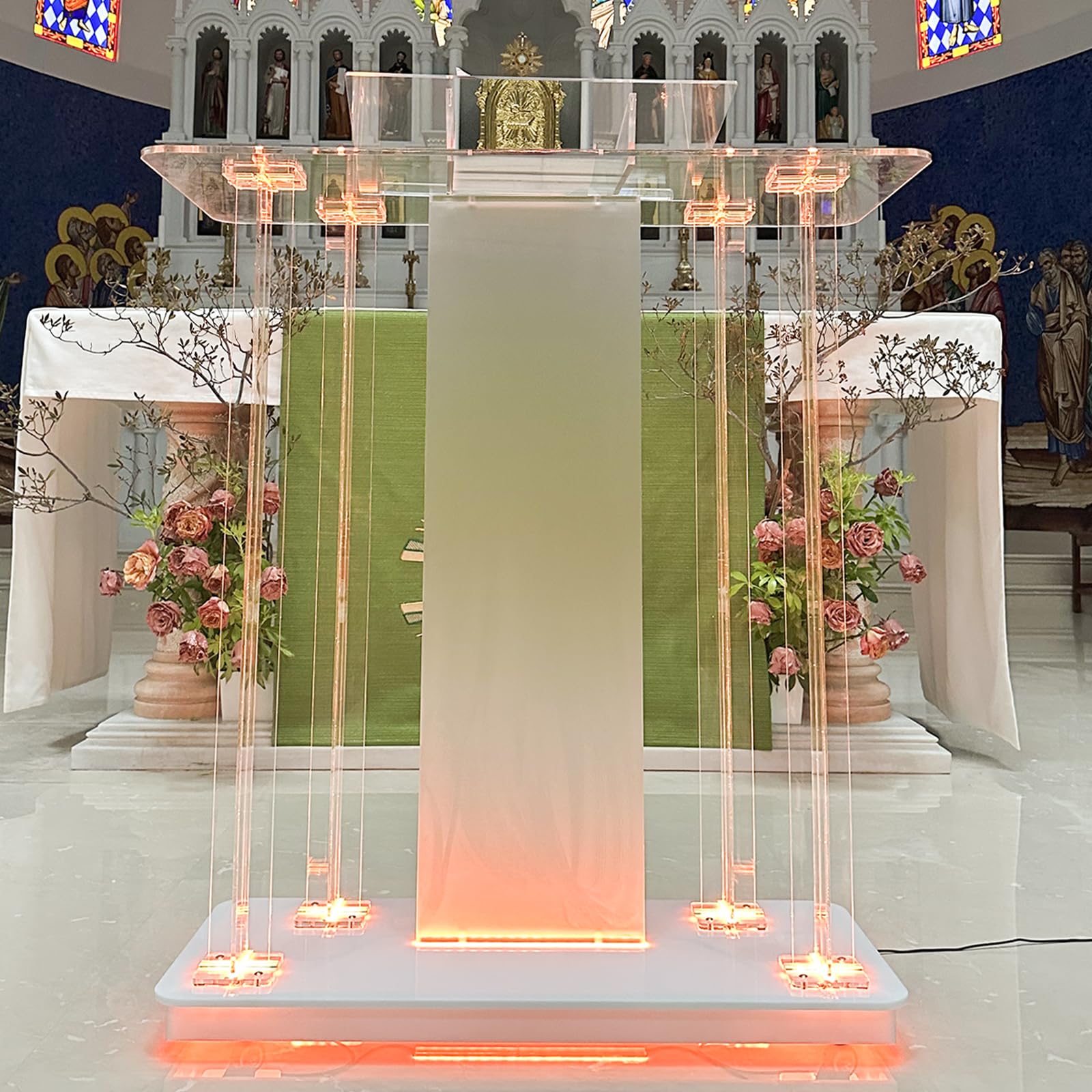 Afitdon Kirchen Kanzel Pupitre en Acrylique Transparent avec Roues et 15 Couleurs de lumière LED réglables, Grand Support Acrylique pour église, Concert, conférence, Mariage, Salle de Classe