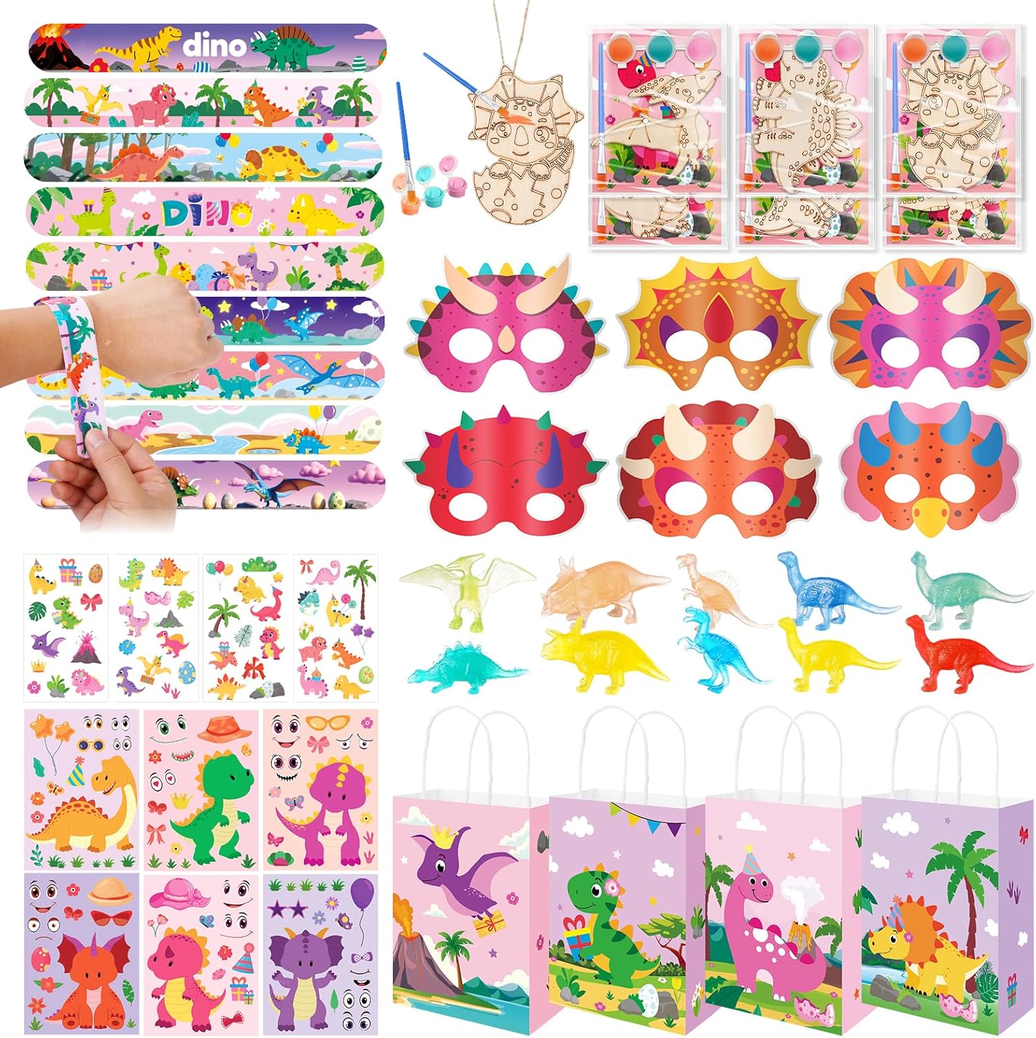 Vanblue 96Pcs Pink Dinosaur Party Favors, Dino Themed Party Birthday Decorations, Decorate The Birthday Party Supplies for The Girls, Gifts Fillers Classroom Rewards Goodie Bag Stuffers