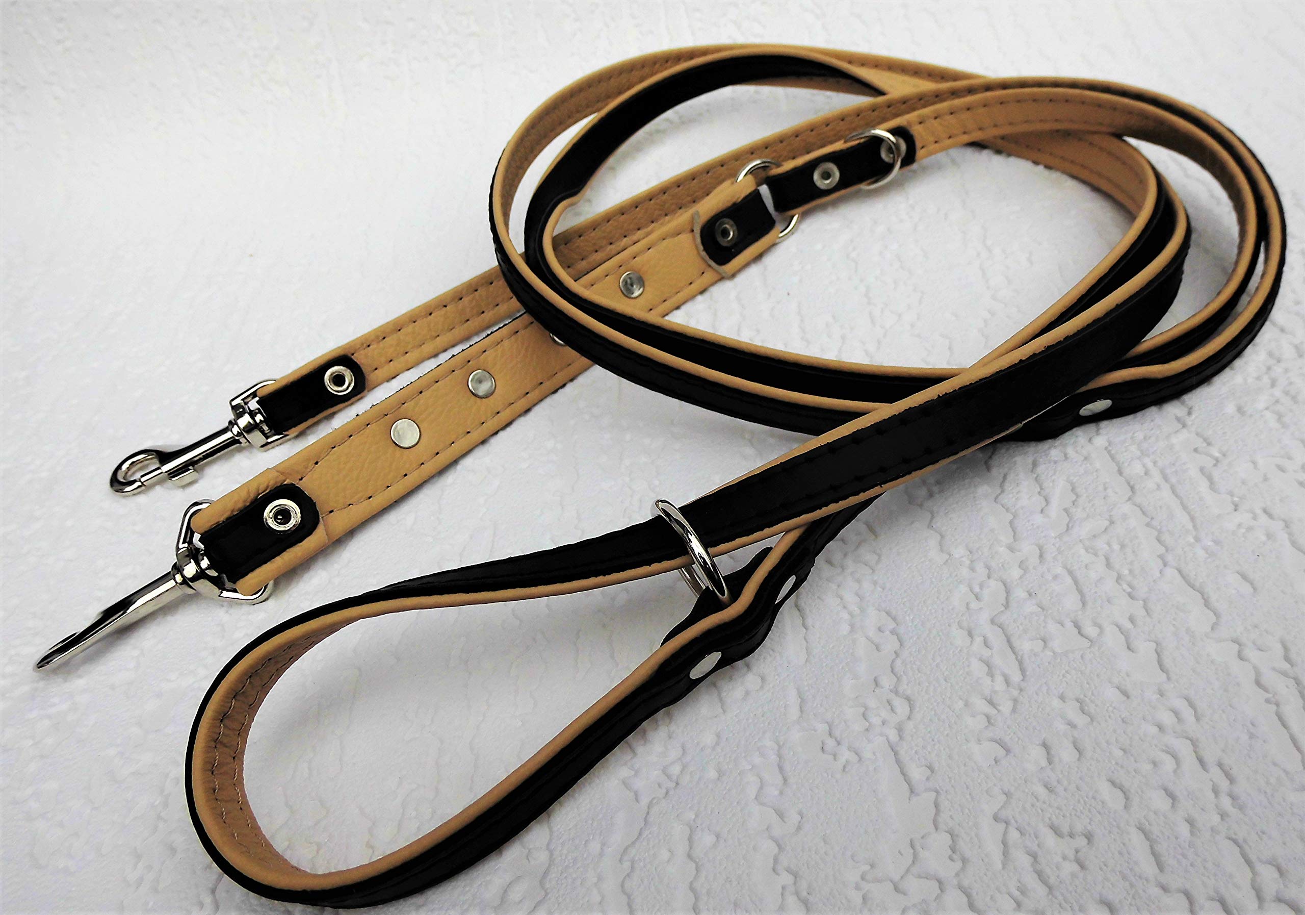 *DACKEL* HUNDELEINE - Leine - 220cm/13mm, Echt Leder, 3xVerstellbar- Schwarz - Rot - Blau - Braun (Schwarz/Beige)