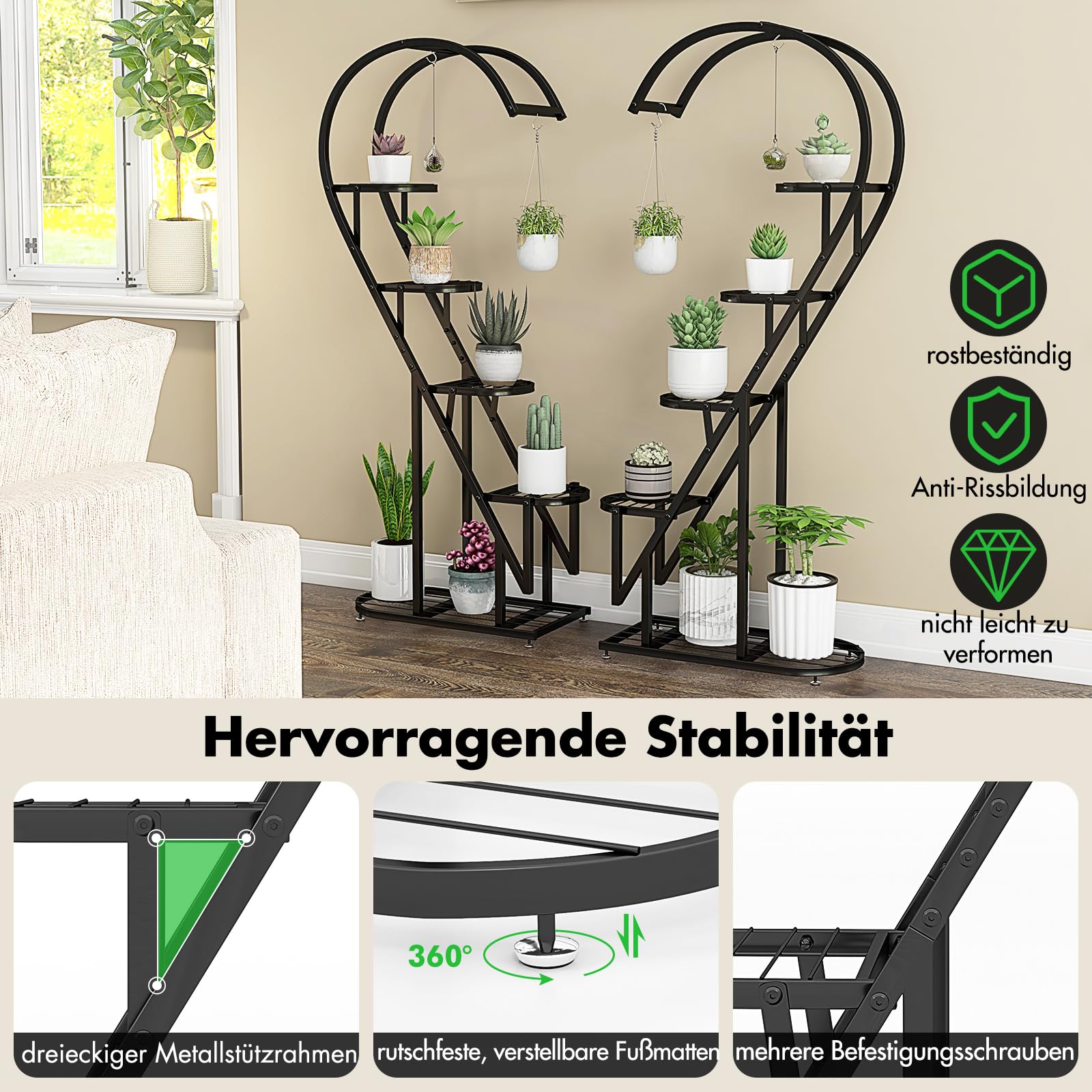RELAX4LIFE 5-stufiger Pflanzenständer Metall, Blumentreppe Herzförmig, Pflanzenregal mit 4 Haken, Blumenständer Kippschutz, Blumenregal Leiter für Balkon Wohnzimmer Garten (Schwarz)