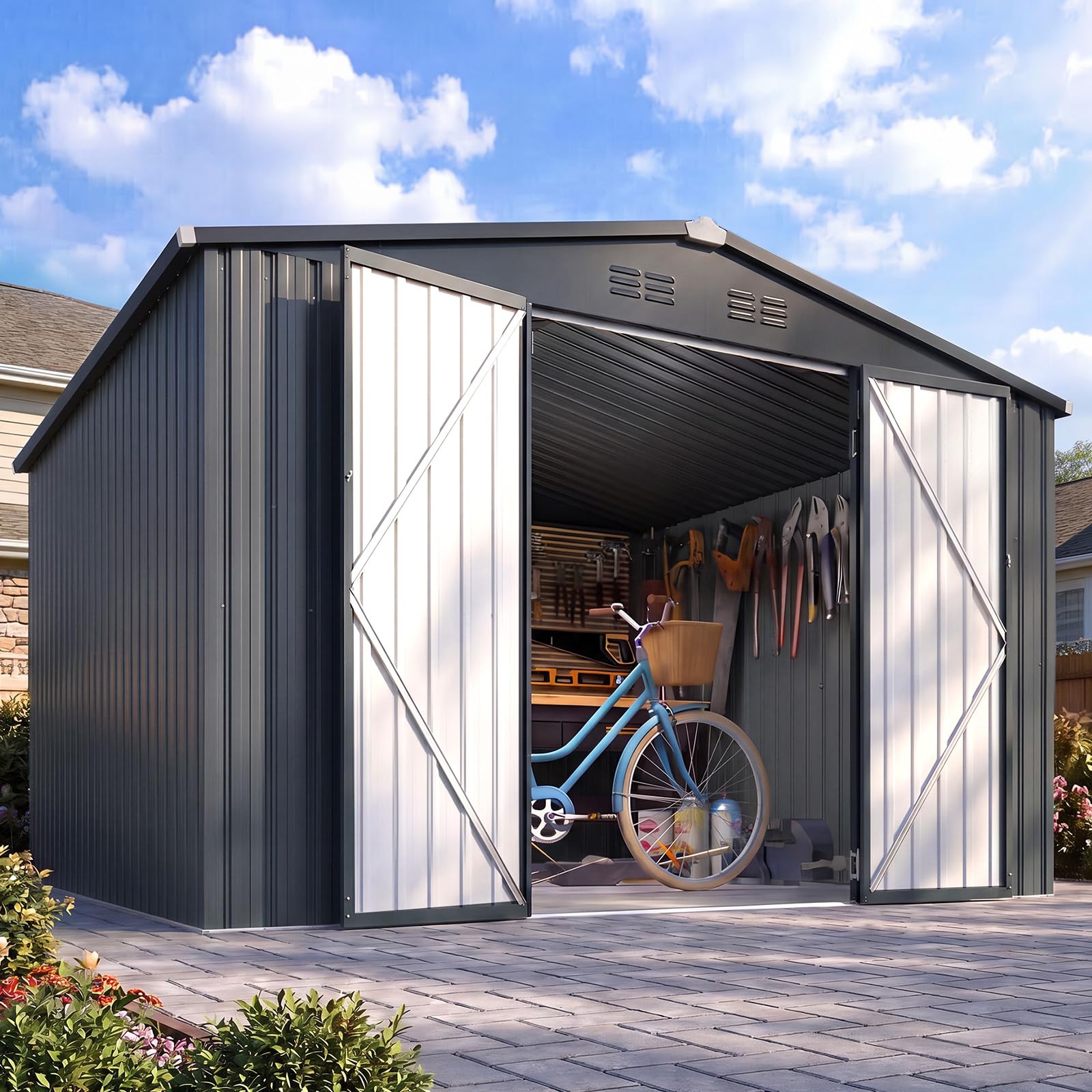 AECOJOY 8' x 10' Waterproof Metal Outdoor Storage Shed