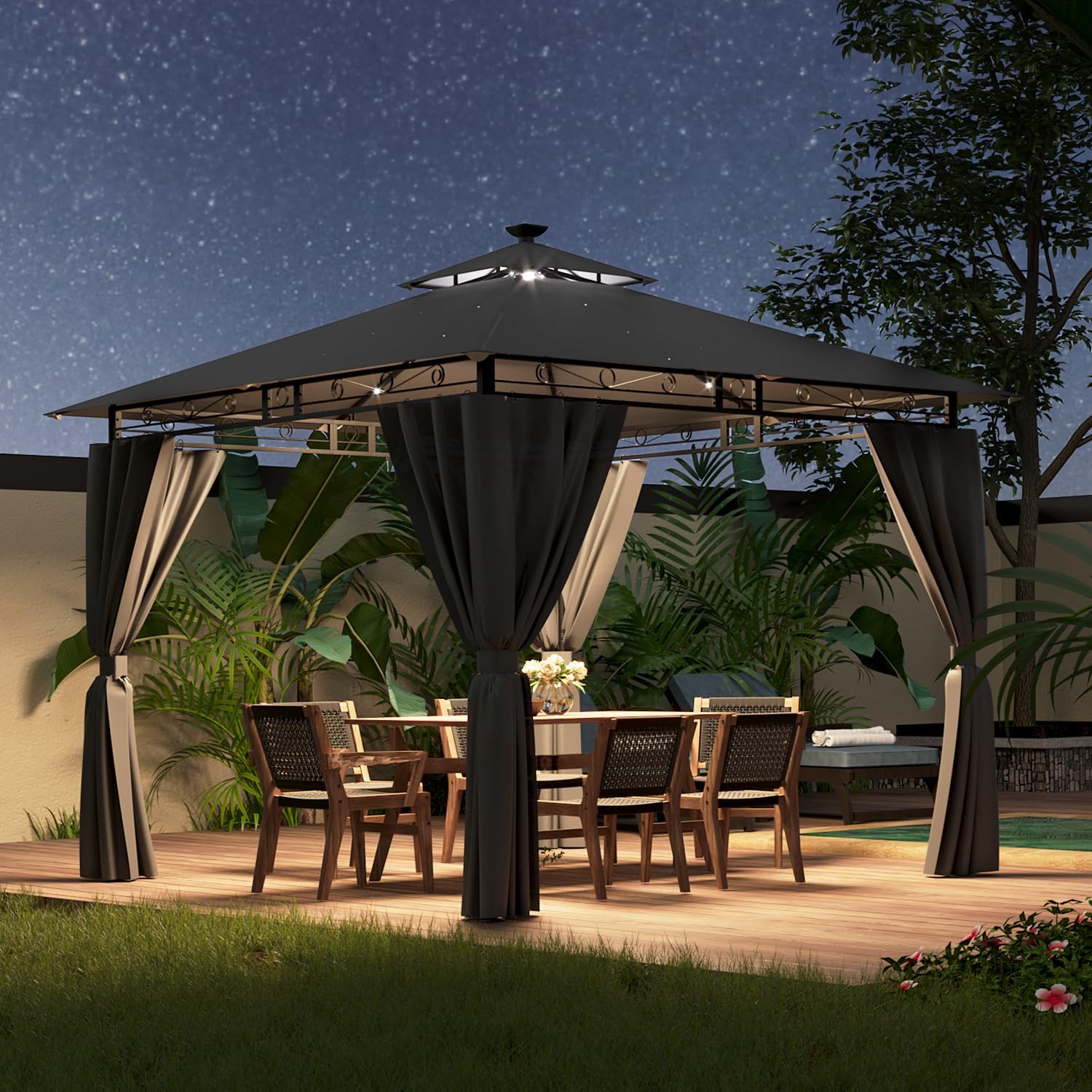 Devoko Gazebo 3x3m con Luce LED Impermeabile UV50+ Doppio Tetto Tenda da Giardino per Famiglie Grigio
