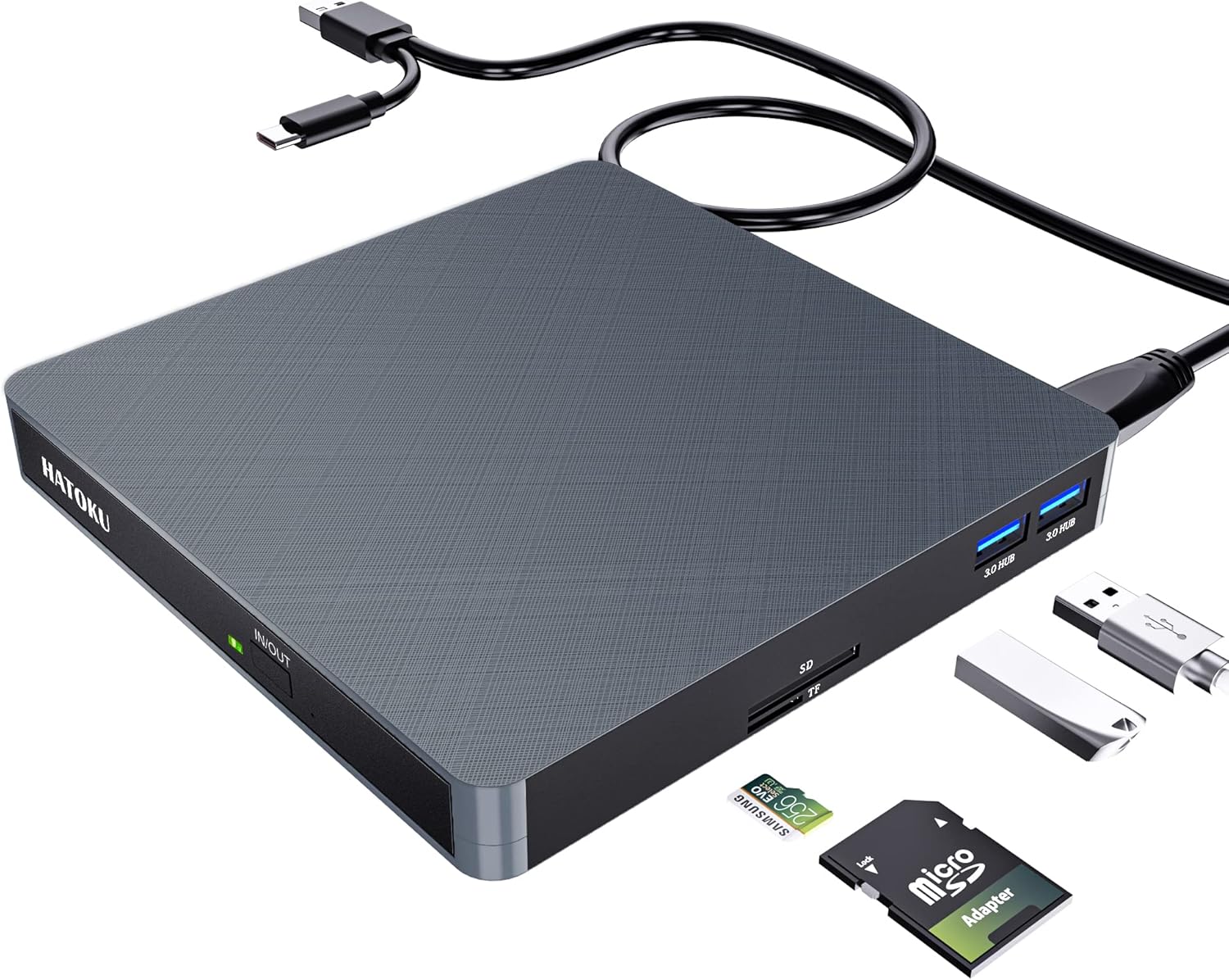 HATOKU External CD/DVD Drive for Laptop (USB 3.0 & USB-C): 8X DVD/24X CD Burner Writer - Portable DVD Player for Laptop - Plug & Play External CD Drive for PC Desktop Windows 11 10 8 7 MacOS Linux