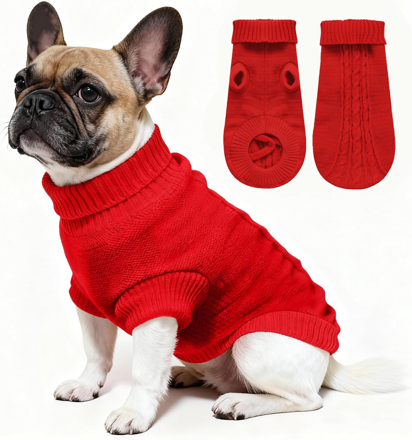 Knitted Dog Sweater for Small Dogs, Pullover Turtleneck Pet Sweaters, Winter Dog Clothes, Warm Soft Winter Holiday Cat Sweater, Red, XS