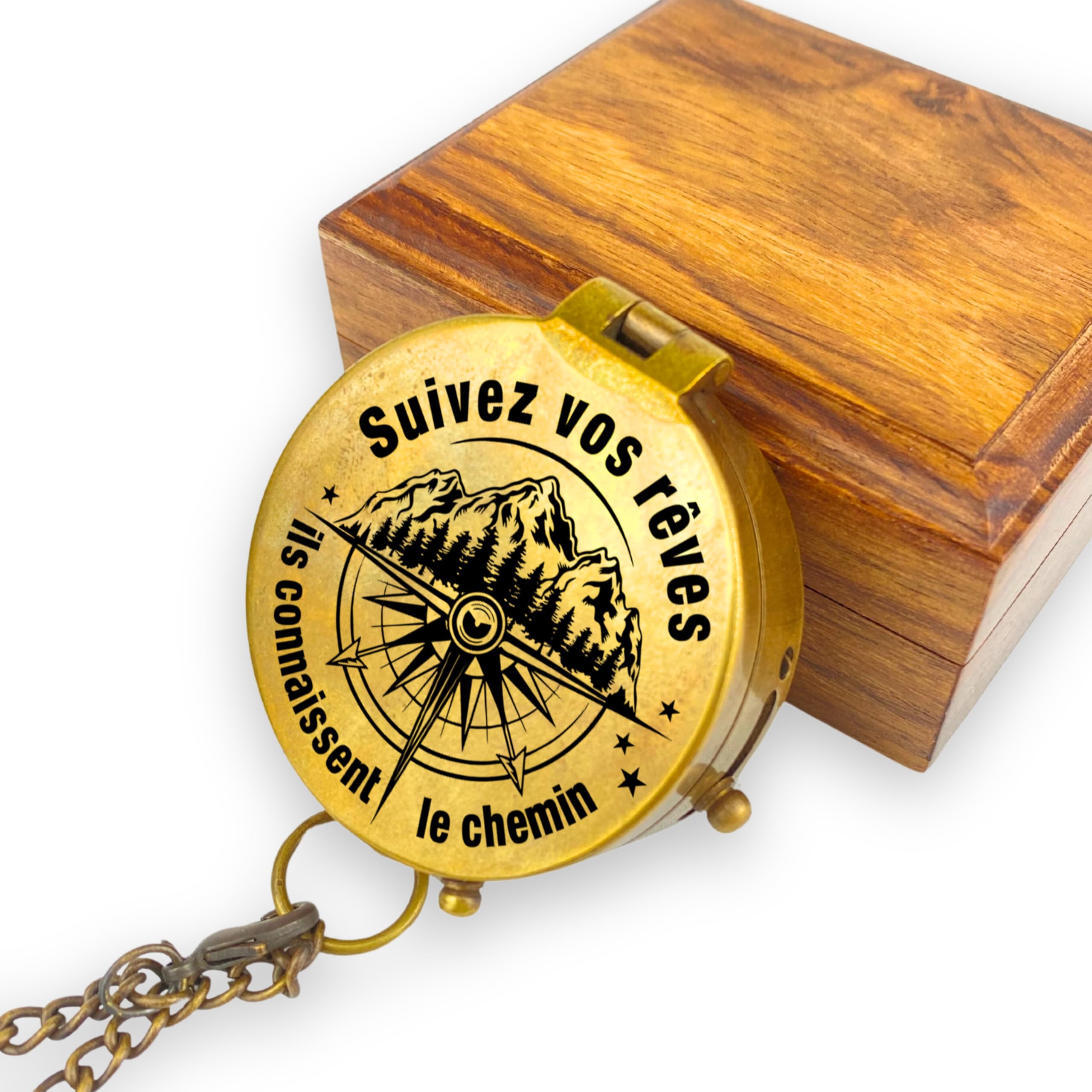 Boussole personnalisée avec gravure et texte au choix - Différents designs - Étui en cuir en laiton - Superbe idée cadeau