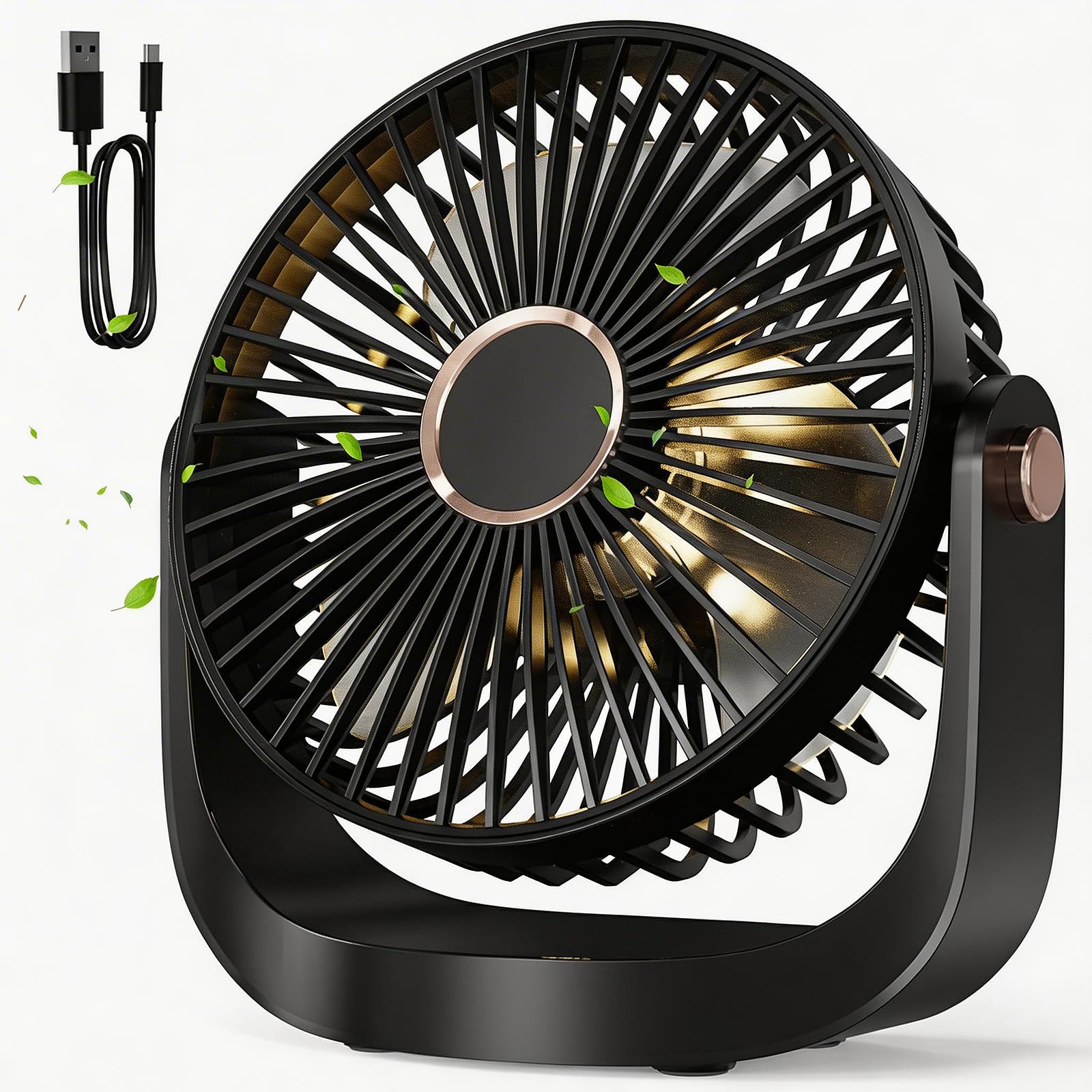 LEBKOVL Portable USB Quiet Desk Fan - 5 Speed with Night Light, 360° Adjustable Mini Fan,3000 mAh Rechargeable Battery, 20 dB Silent Operation Small Table Fan for Home/Office/Bedroom