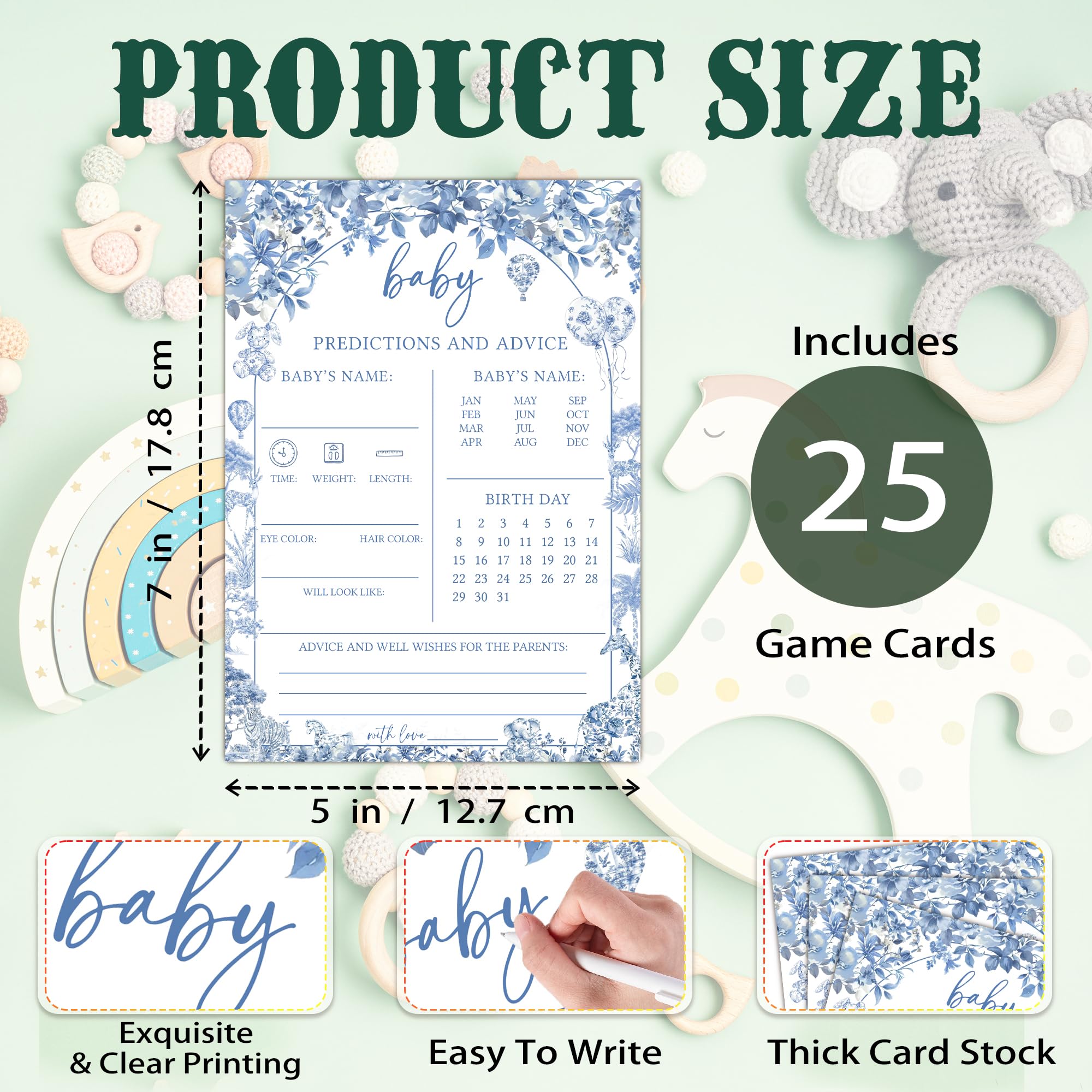 Karty z prognozami i poradami dla niemowląt na baby shower, 25 niebieskich płóciennych kart z poradami i pozdrowieniami dla nowych rodziców, zabawne gry ujawniające płeć dla chłopca lub dziewczynki