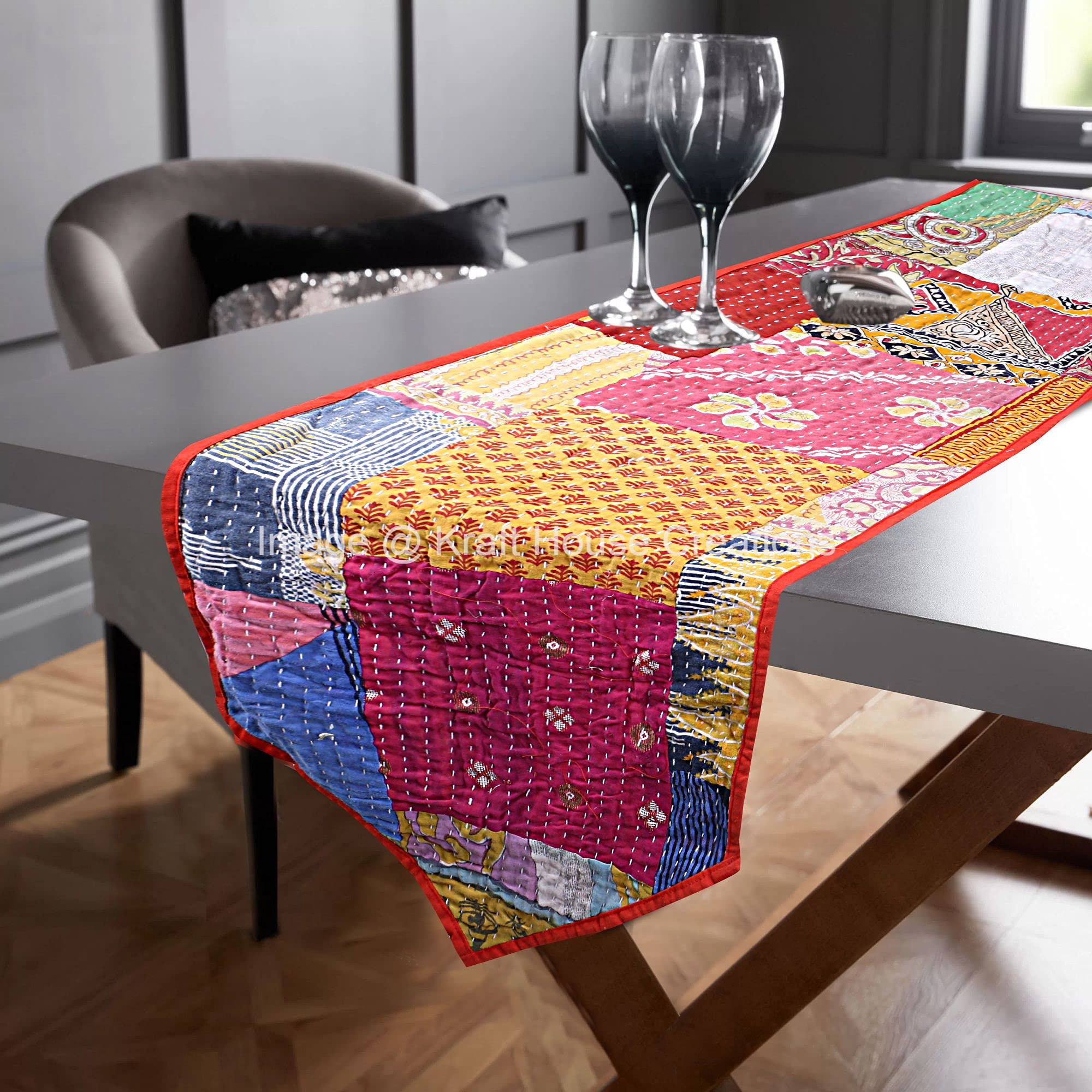 Chemin de table Kantha artisanal fait main en pur coton premium KHC