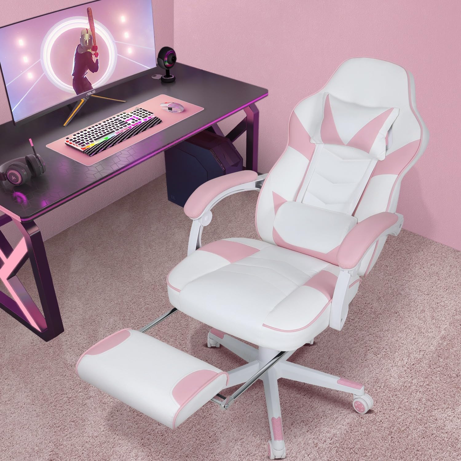 YU YUSING Chaise Gaming Massage Rose, Fauteuil de Bureau Repose-Pieds