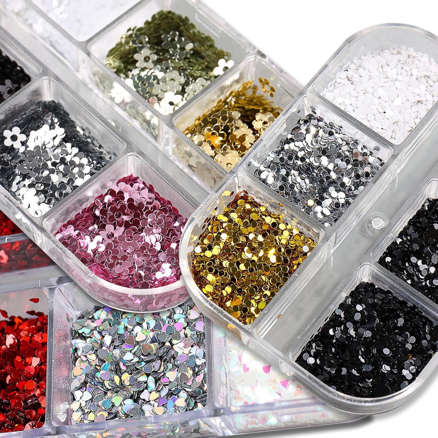 3 Boxes Holographic Nail Glitter Kit with Tweezers Mini Love Circle Flowers Shaped Glitter Sequins for Crafts Manicure Art Supplies and Decorations