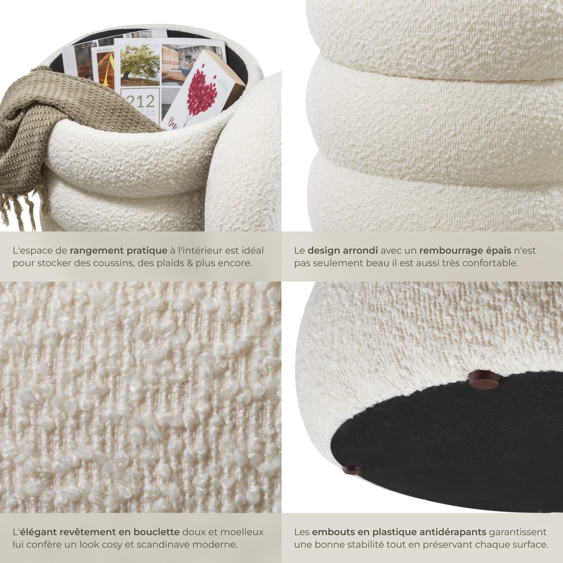 tectake® Tabouret Repose Pied Pouf avec Rangement Pouf Salon en Tissu Bouclette Crème Ø42x47cm jusqu'à 120 kg Design scandinave Cosy pour Coiffeuse, Salon, Chambre, Bureau, entrée