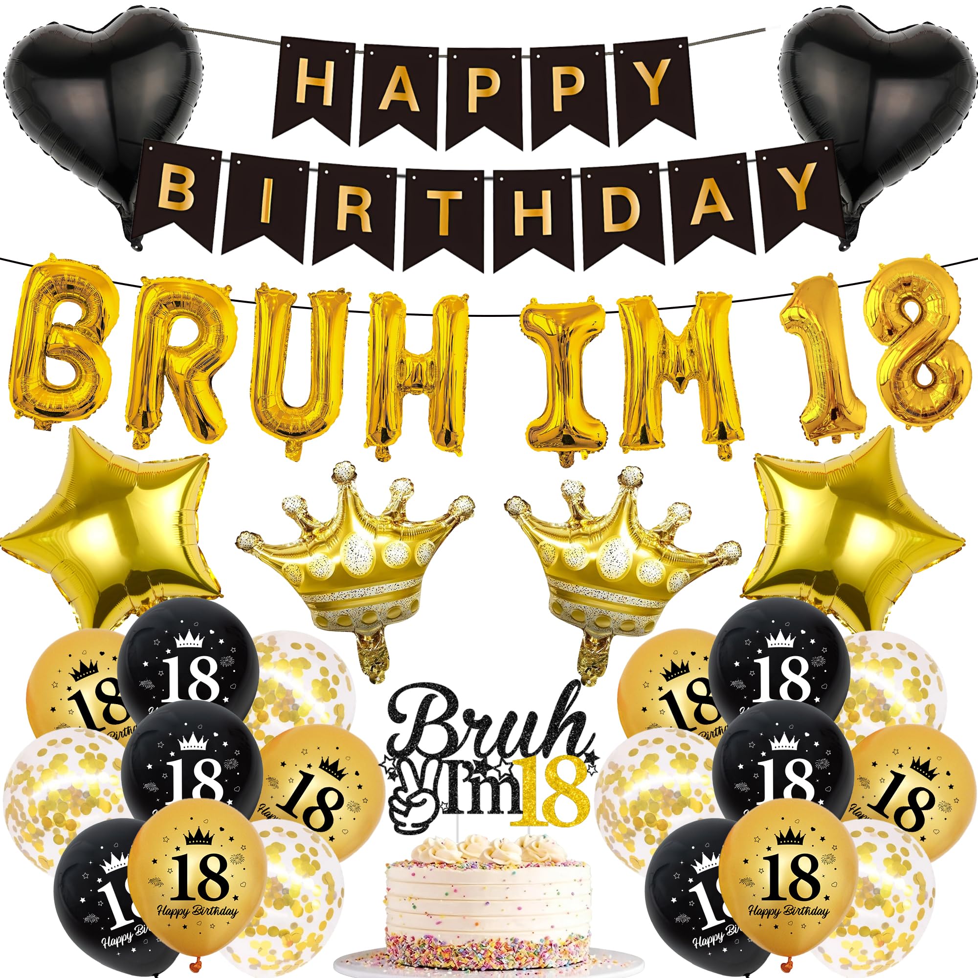 18th Birthday Decorations Boys Banners - 34 Pcs Black and Gold Happy Birthday Banner Bruh I'M 18 Star Heart Crown Foil Balloons Cake Topper Sequin Balloons for 18 Years Old Boy Party Decor Supplie