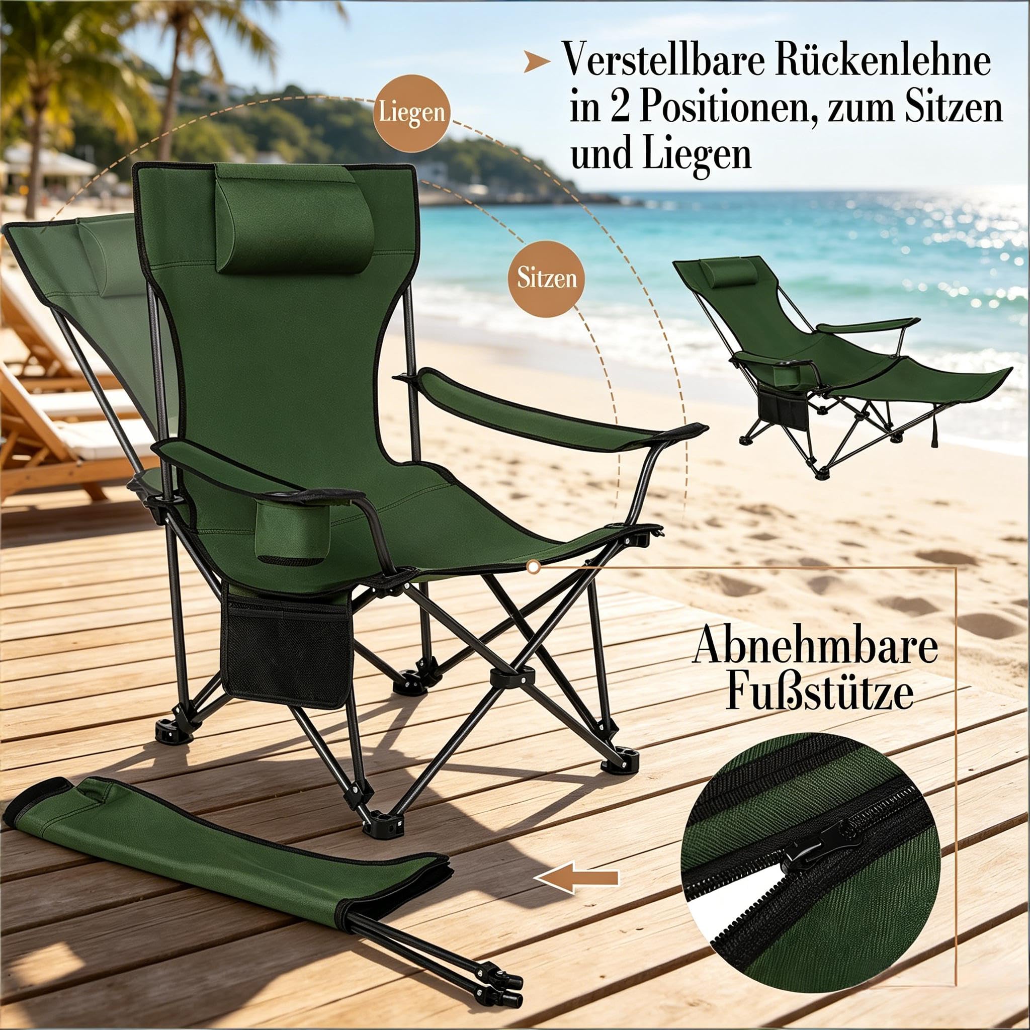 vutizal Ergonomiczne krzesło składane z wysuwanym podnóżkiem, przenośne krzesło kempingowe do wędkowania i relaksu, wygodny leżak na plażę, do ogrodu i na balkon, stabilne do 150 kg