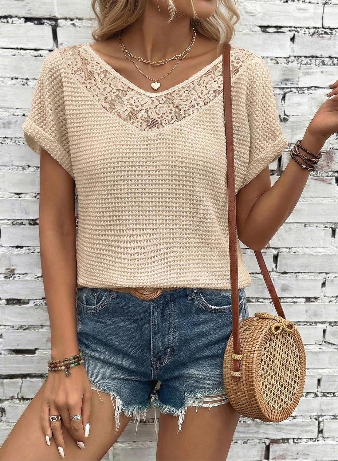 Dokotoo Women's Casual 2026 Waffle Knit Hollow Out Lace Tops Short Sleeve V Neck Loose Fit Shirts Blouses - Image 2