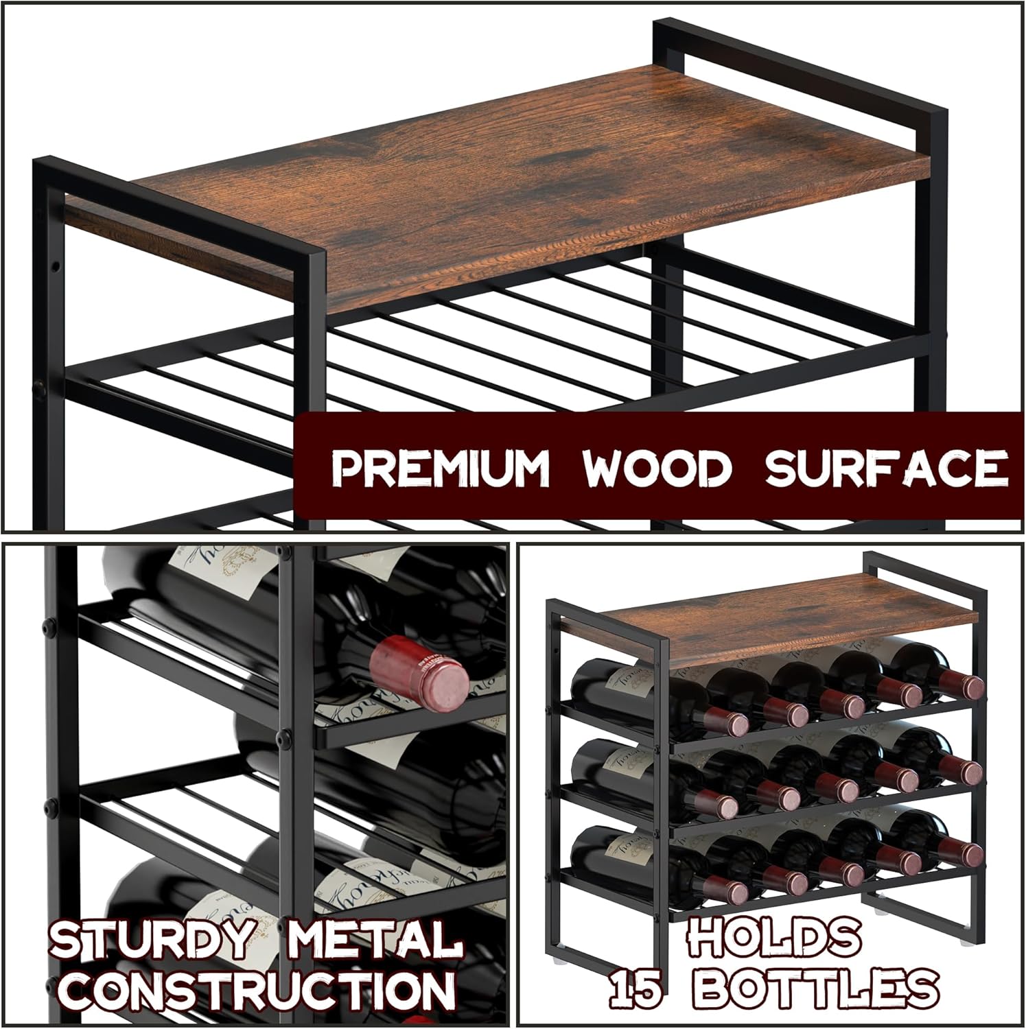 4-Tier Wine Rack Countertop, 15 Bottle Wine Rack for Inside Cabinet, Metal Wine Bottle Holder with Table Top, Wine Storage Shelf for Kitchen, Bar, Dining Room