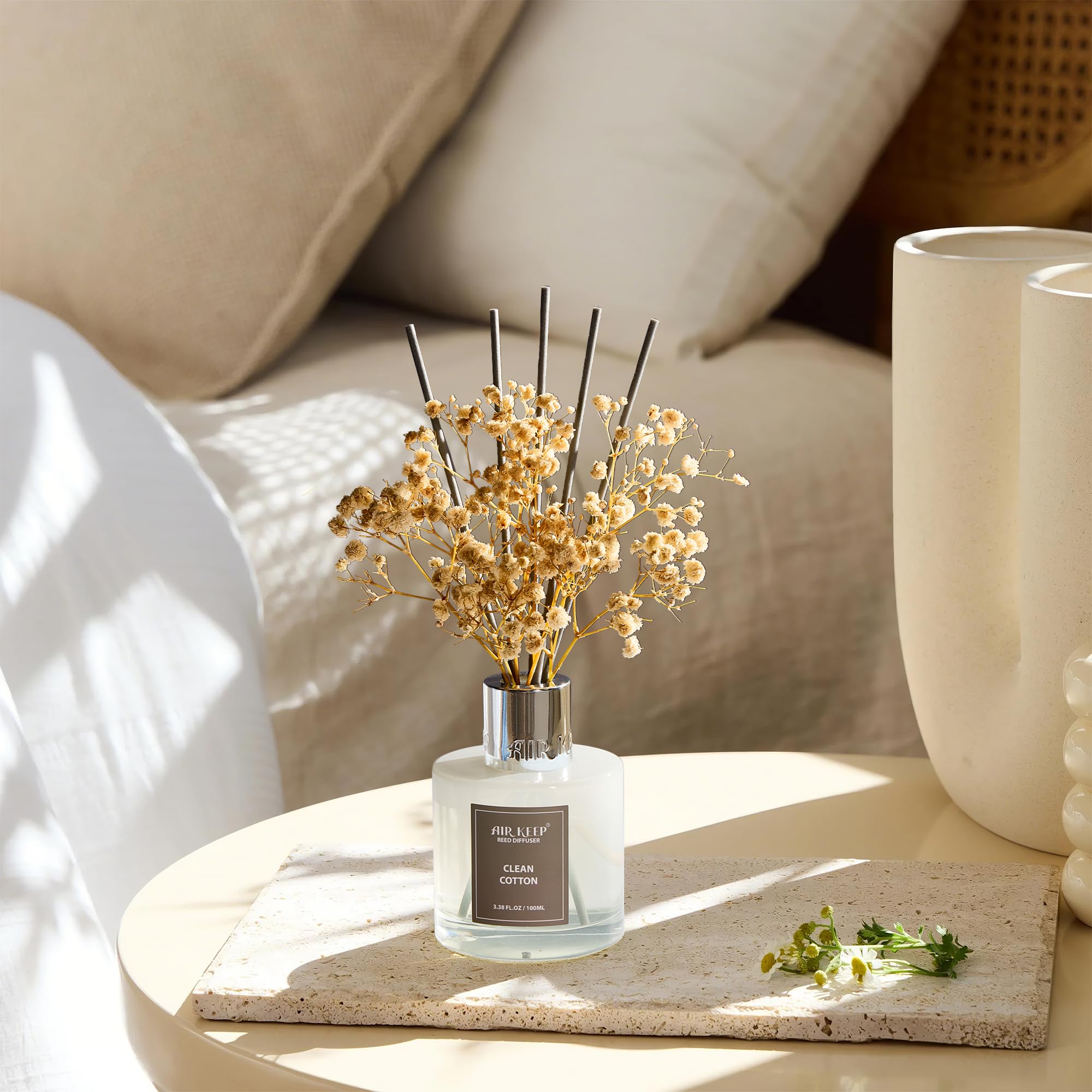 Airkeep Schilfrohr-Diffusor-Set, 100 ml – saubere Baumwollöl-Diffusoren mit 8 Schilfrohrstäbchen, Raumduft, Schilfrohr-Diffusor für Badezimmer-Regal-Dekor