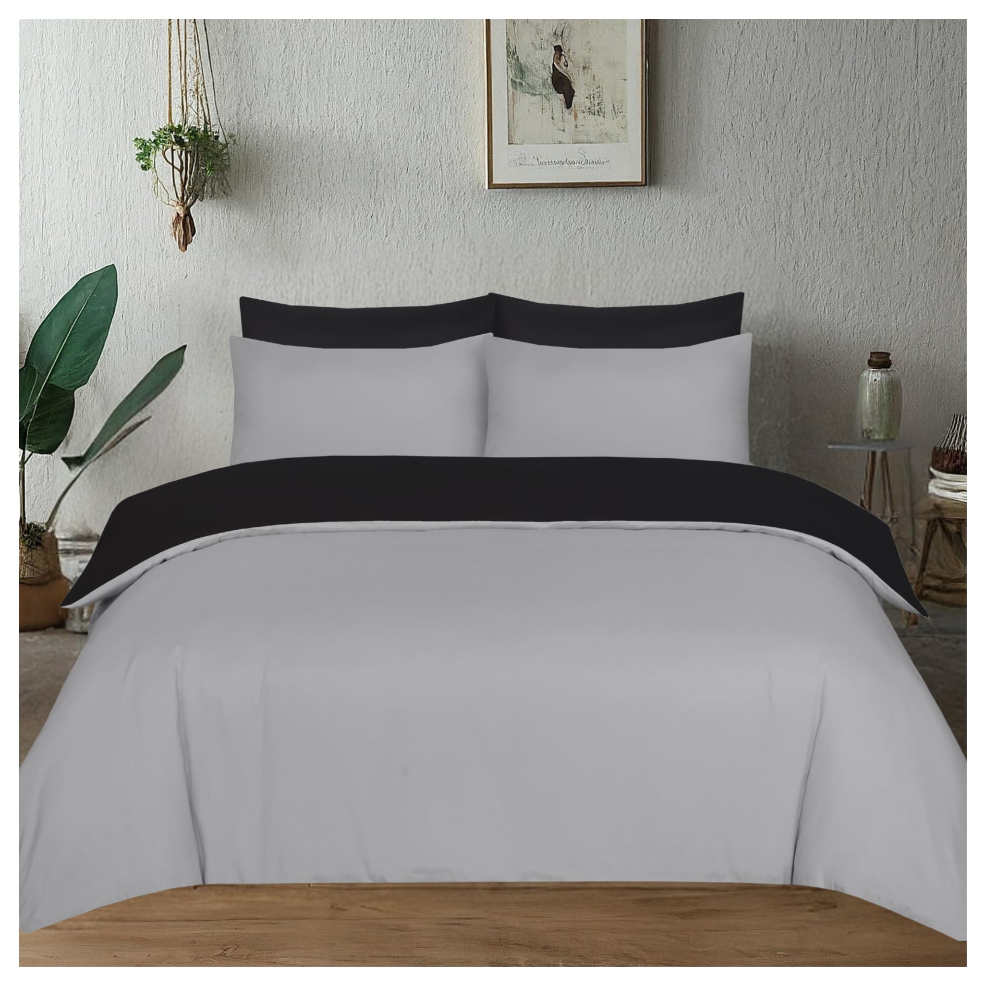 J.din Grey & Black Super King Grey And Black Reversible Duvet Cover Bedding Set