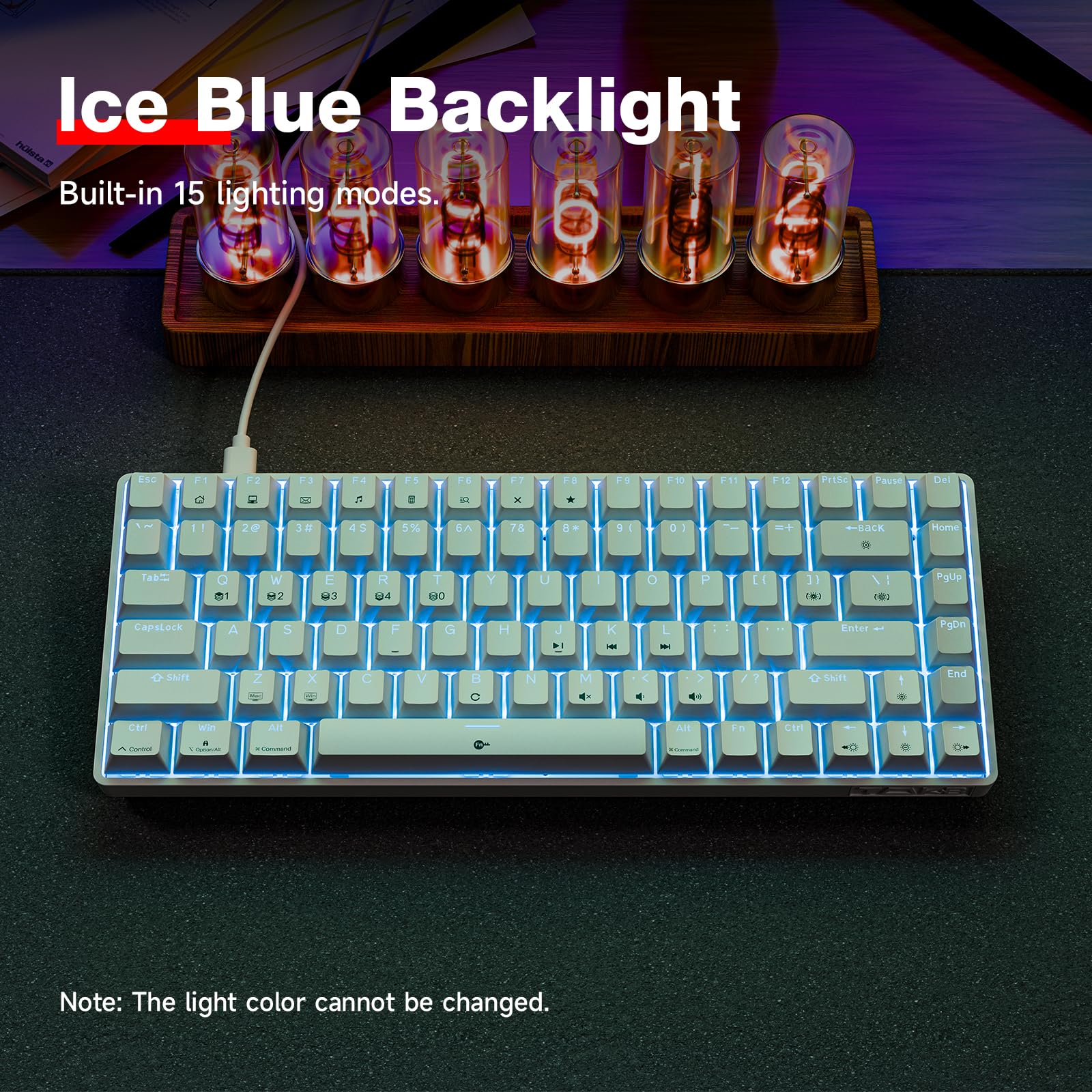 TMKB T84SE Tastiera Meccanica, Layout QWERTY US, Tastiera Gaming a 84 Tasti con LED Blu, N-Key Rollover Red Switch per PC Windows/Mac OS, Bianco