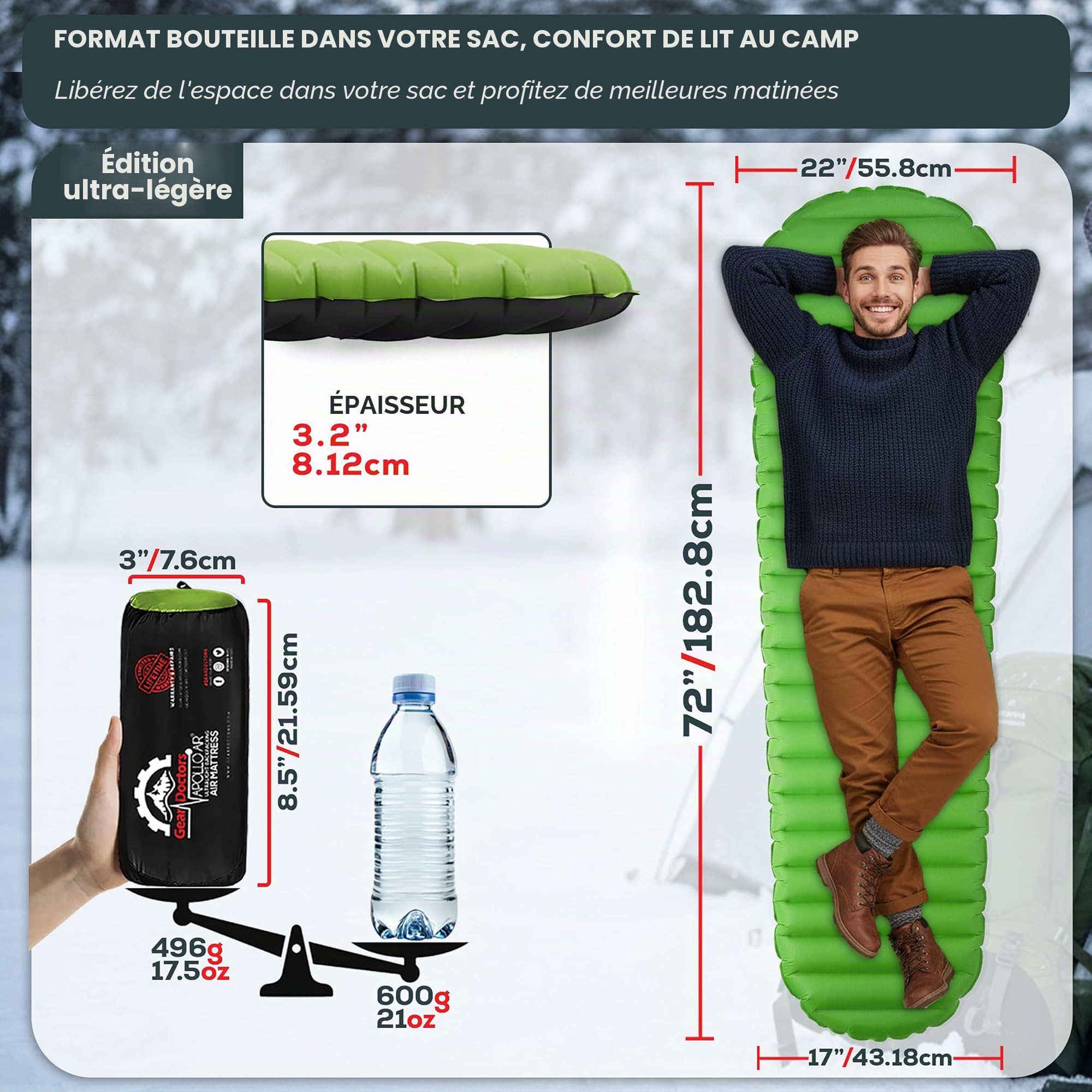 Gear Doctors ApolloAir Matelas de Couchage ultraléger 481,9 g pour Camping – Grand, Chaud 5,2 R-Value 4 Saisons, Parfait pour la randonnée, Matelas de Couchage léger Gonflable et Compact