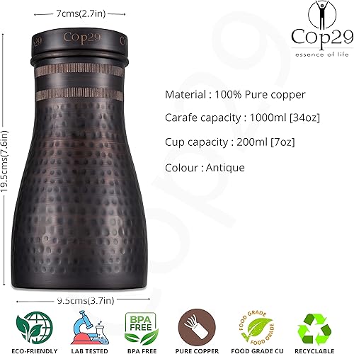 Miniatura 3 de Cop29 Dolny - Botella de agua de cobre martillado antiguo hecho a mano para dormitorio, jarra con tapa, jarra de agua para mesita de noche, uso en