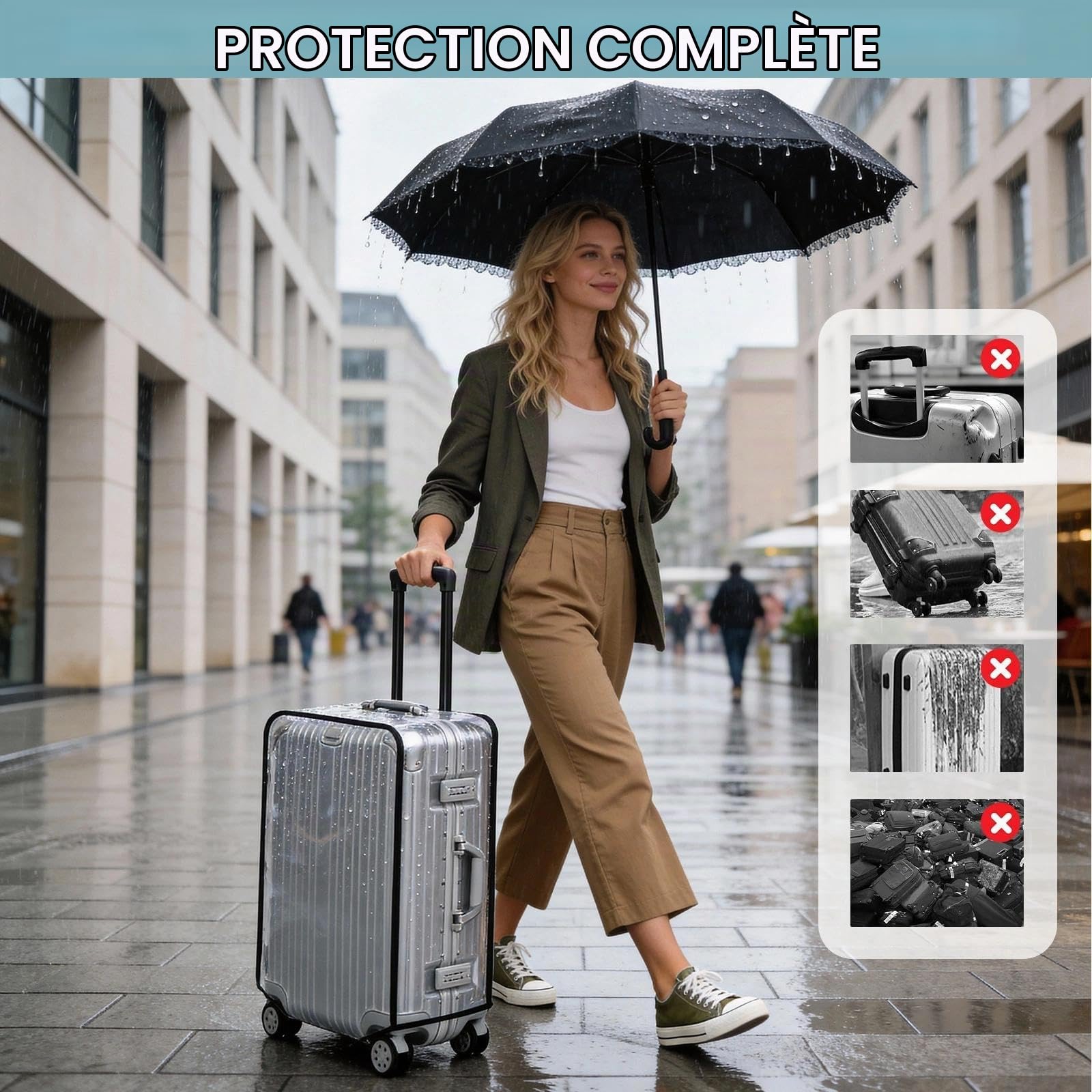 Lot de 3 Housses Protection Valise en PVC Transparent Etanche 20+24+28 Pouces Valise imperméable Protection Poussiere pour Trolley Voyage